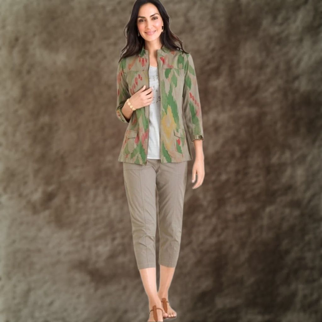 Vintage Chicos Jacket Womens S Small Green Ikat Utility Zip Up 3/4 Sleeve Zipper Front Pockets Bohemian All Seasons Size S / US 4 / IT 40 - 1 Thumbnail