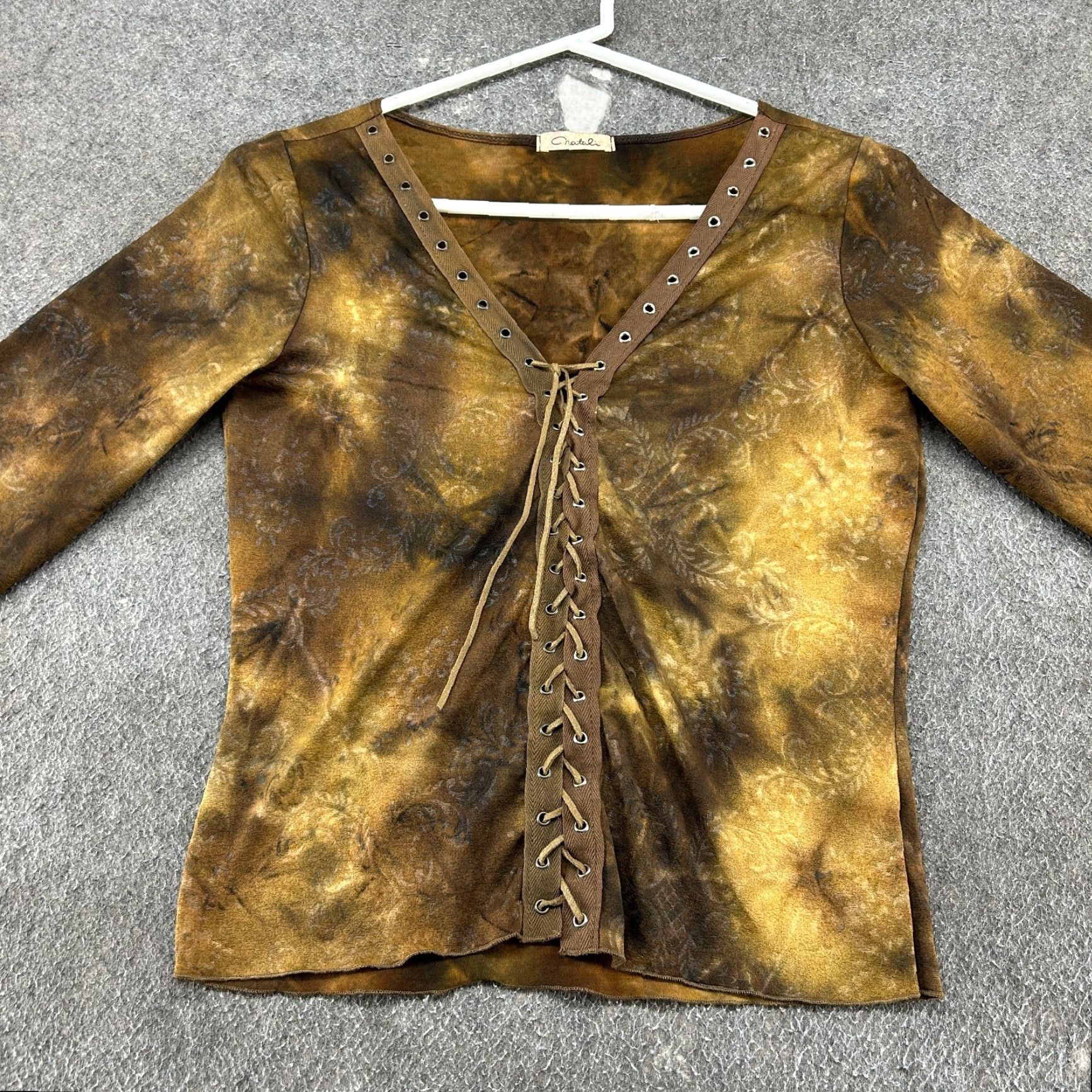 Catalina Natali Blouse Women L Brown USA Tie Dye Lace Up V-Neck Long Sleeve Grunge Fairy Size L / US 10 / IT 46 - 3 Thumbnail