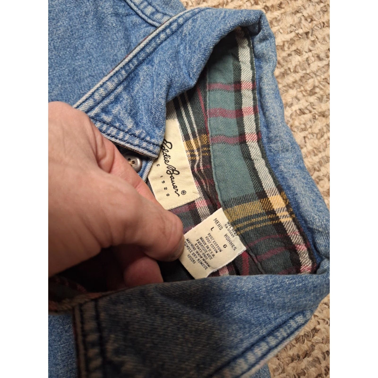 Eddie Bauer Eddie Bauer Mens L Denim Flannel Plaid Lined Button-Up Shacket 90s Outdoor Blues Womens? Size US L / EU 52-54 / 3 - 3 Thumbnail