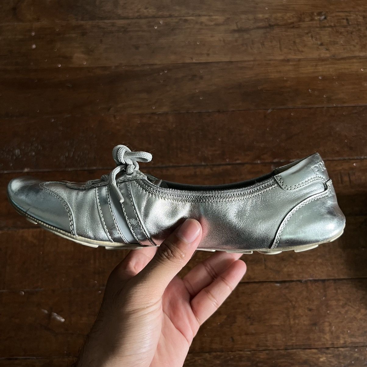 Prada Prada Sport Silver Leather Scrunch Lace Up Ballet Flats Size US 5 / IT 35 - 4 Thumbnail