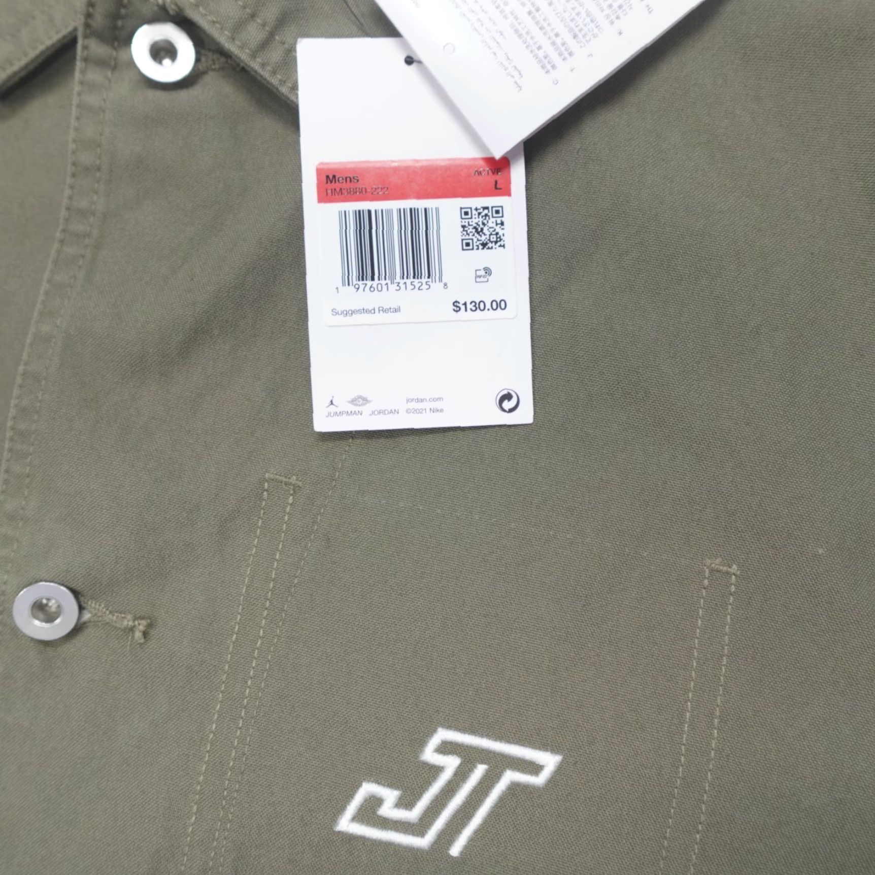 Jordan Brand Jordan Canvas Jacket Olive Green Chore Coat Tatum Chicago HM3880-222 Mens Size L Jacket Mens L Green Canvas Size US L / EU 52-54 / 3 - 3 Thumbnail