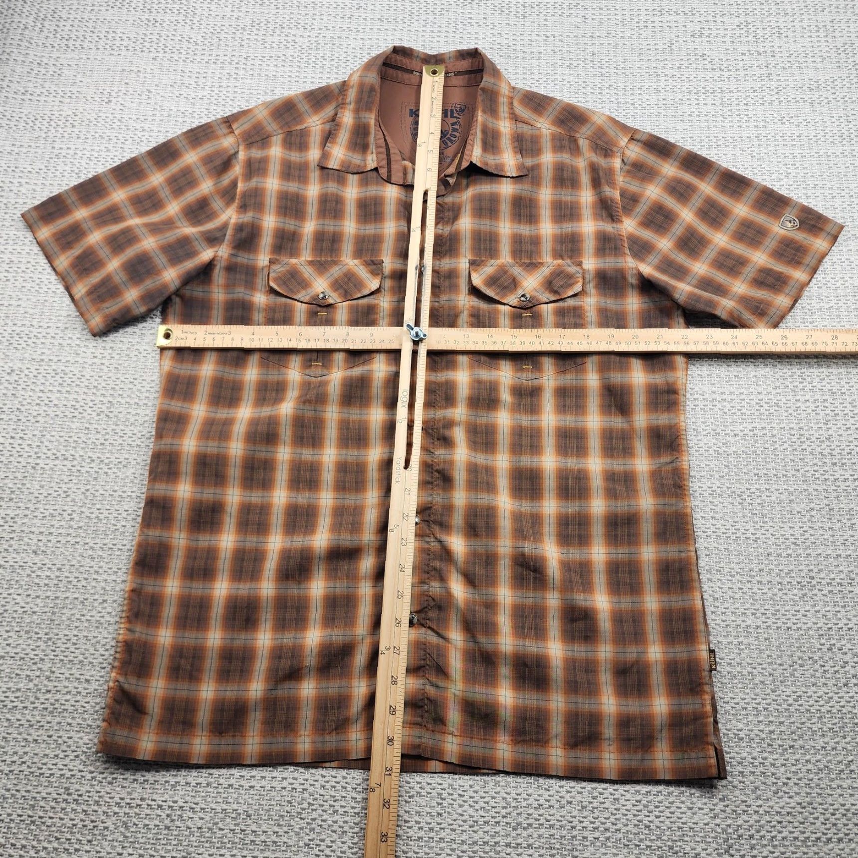 Vintage KÜHL Shirt Mens Large Brown Orange Plaid Short Sleeve Button-Up Size US L / EU 52-54 / 3 - 7 Thumbnail