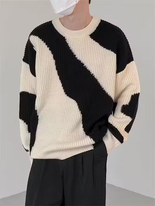 image of Vintage Streetwear Black White Ribbed Wave Print Knit Sweater, Men's (Size XL)