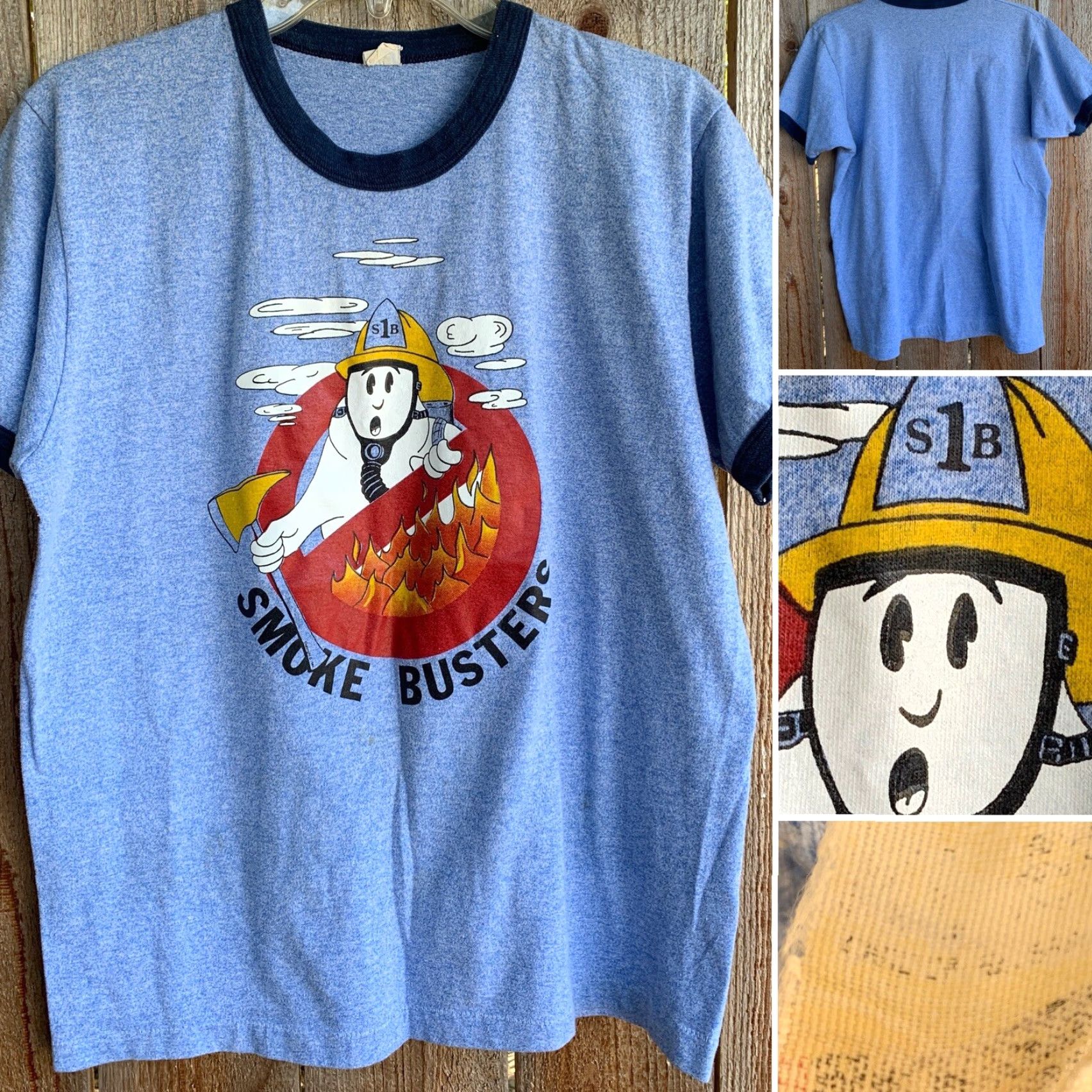 Vintage VINTAGE Smoke Busters Ringer Tee 80s T Shirt Ghost In Fire Fighter Hat Fireman M Blue Men Graphic Tee 1980s Size US M / EU 48-50 / 2 - 4 Thumbnail