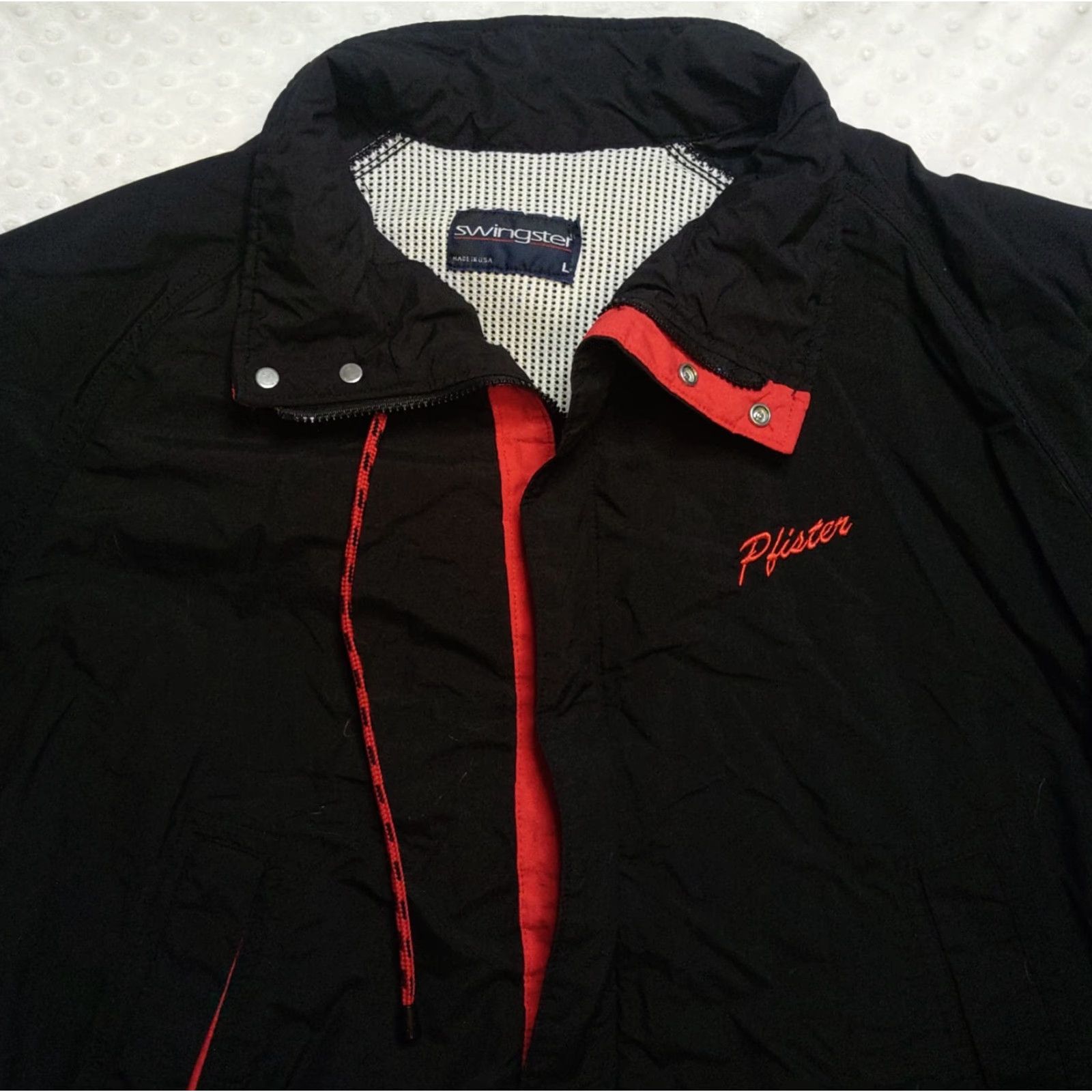 Vintage Swingster Jacket Mens L Black Red Trim Detail Full Zip Snaps Vintage 90’s USA Windbreaker Shirt? Size US L / EU 52-54 / 3 - 4 Thumbnail