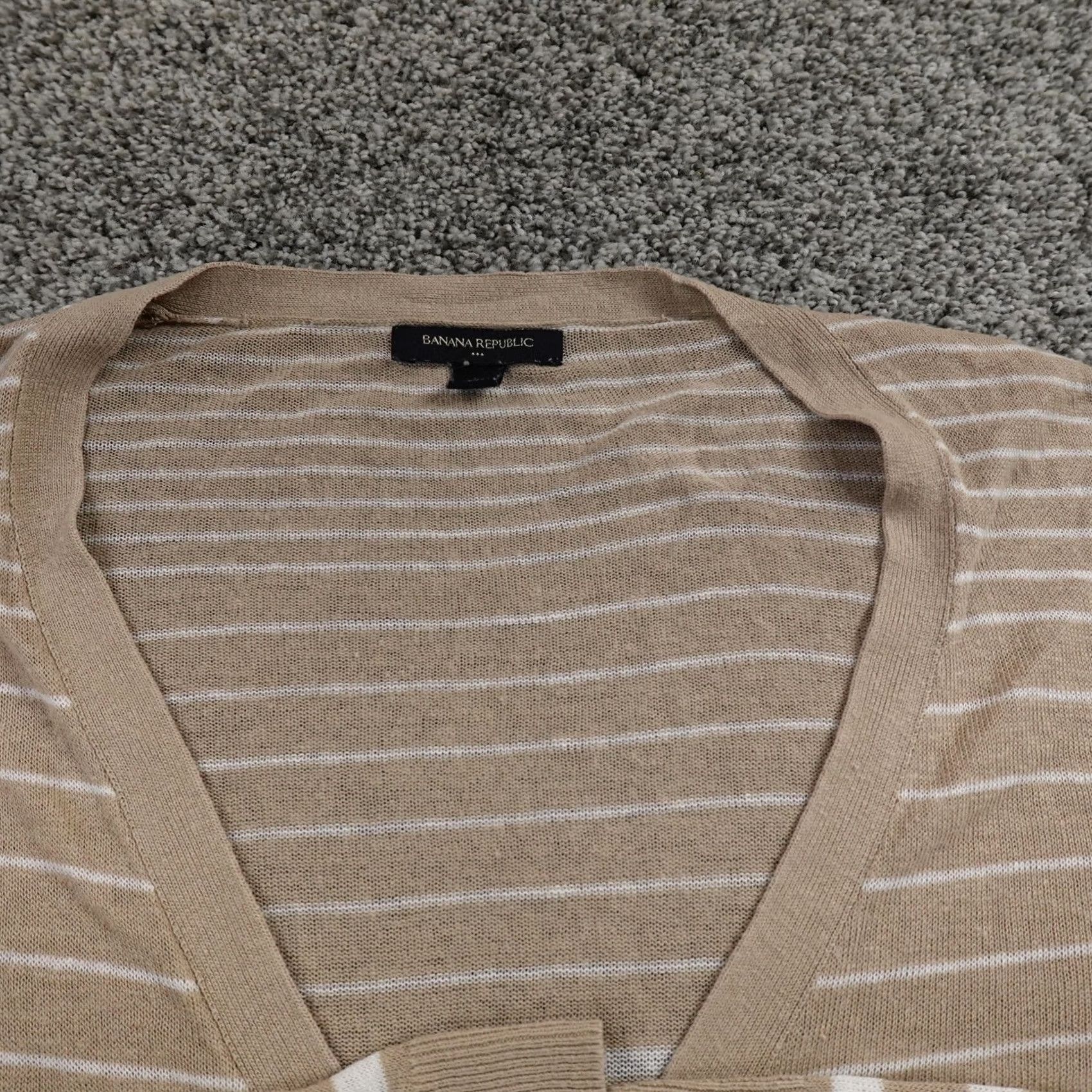 Banana Republic Banana Republic Cardigan Sweater Womens L Beige White Stripe Linen Lightweight V-Neck Long Sleeve Pockets Knit Size L / US 10 / IT 46 - 3 Thumbnail