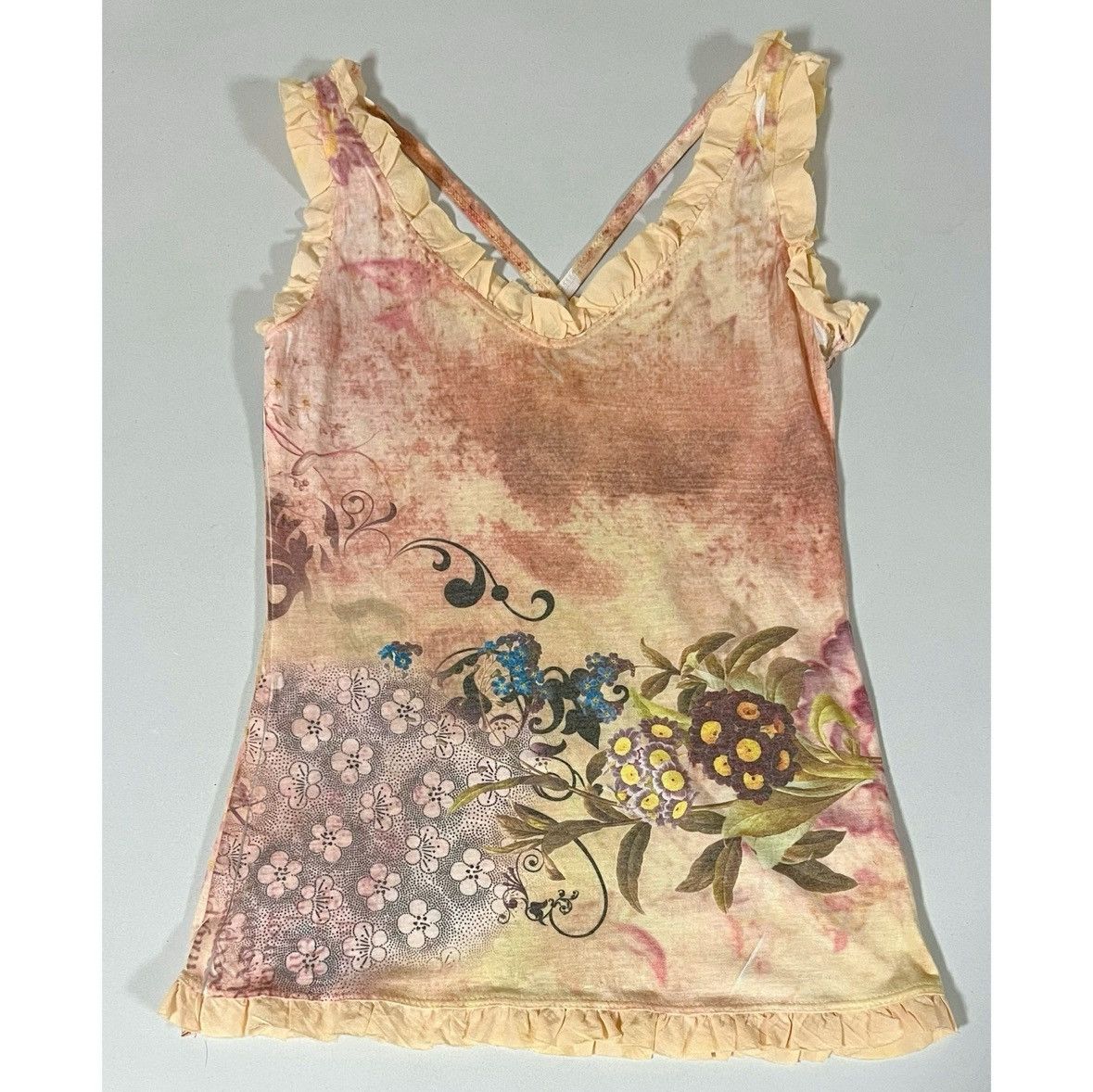 Claire Pettibone Tan Beige Floral Y2K Ruffle Tee Tank Top T-Shirt Blouse XS ✨ Size XS / US 0-2 / IT 36-38 - 1 Thumbnail
