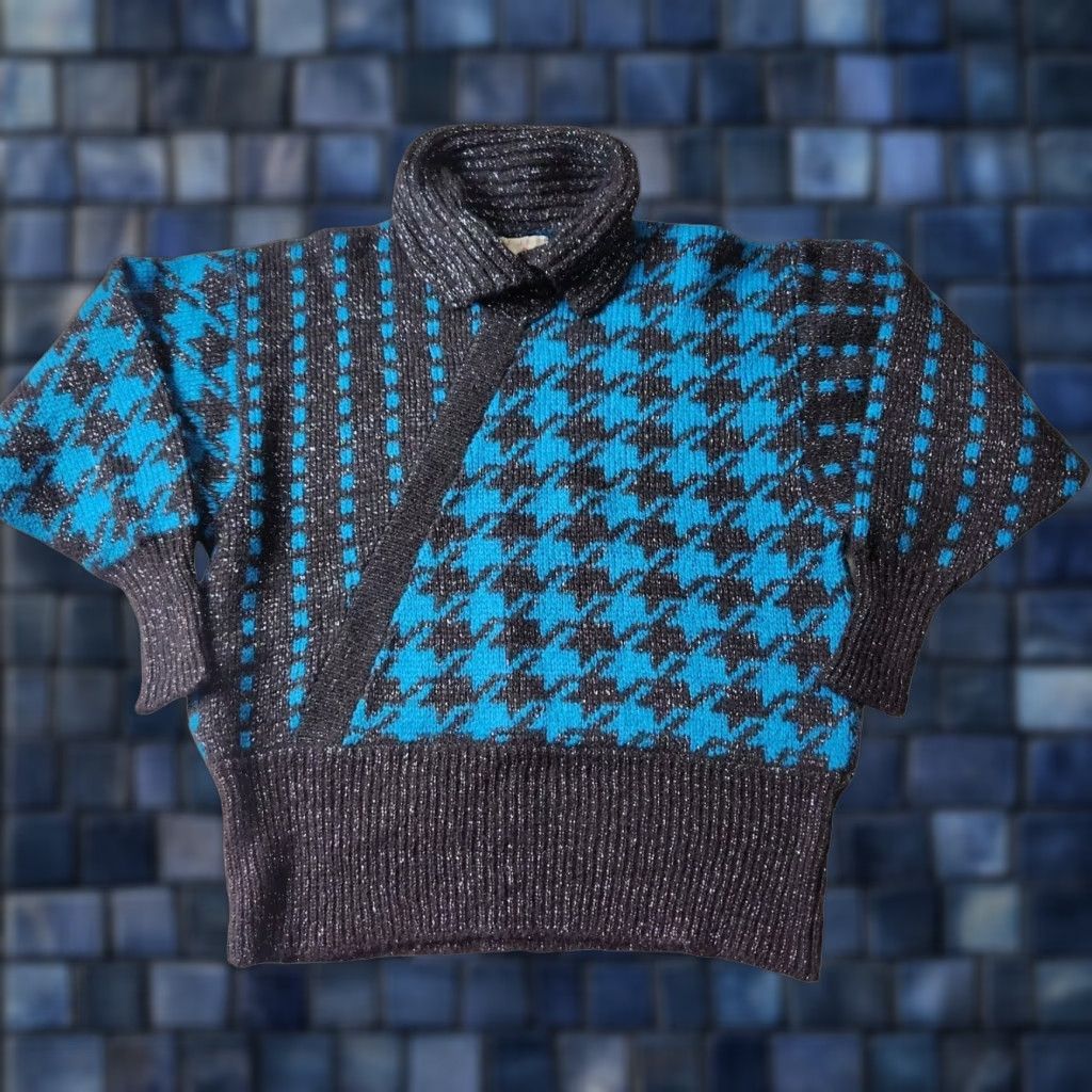 Jaeger VINTAGE Jaeger London Ski Sweater Womens Teal Houndstooth Mohair Blend 90s Cowl Neck Pullover Size L / US 10 / IT 46 - 1 Thumbnail