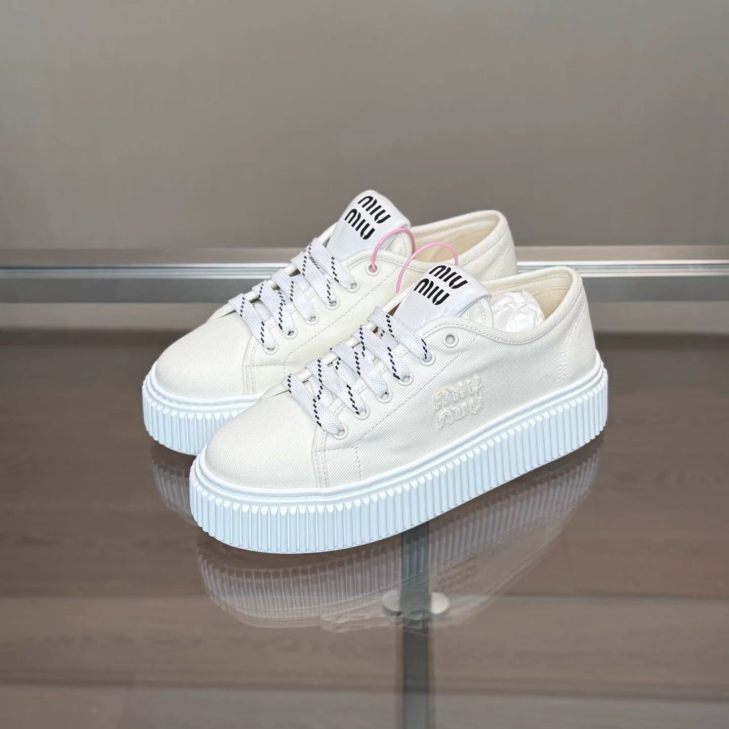 Miu Miu Miu Miu 25 ivory canvas cookie sneakers 38 Size US 7 / IT 37 - 1 Thumbnail