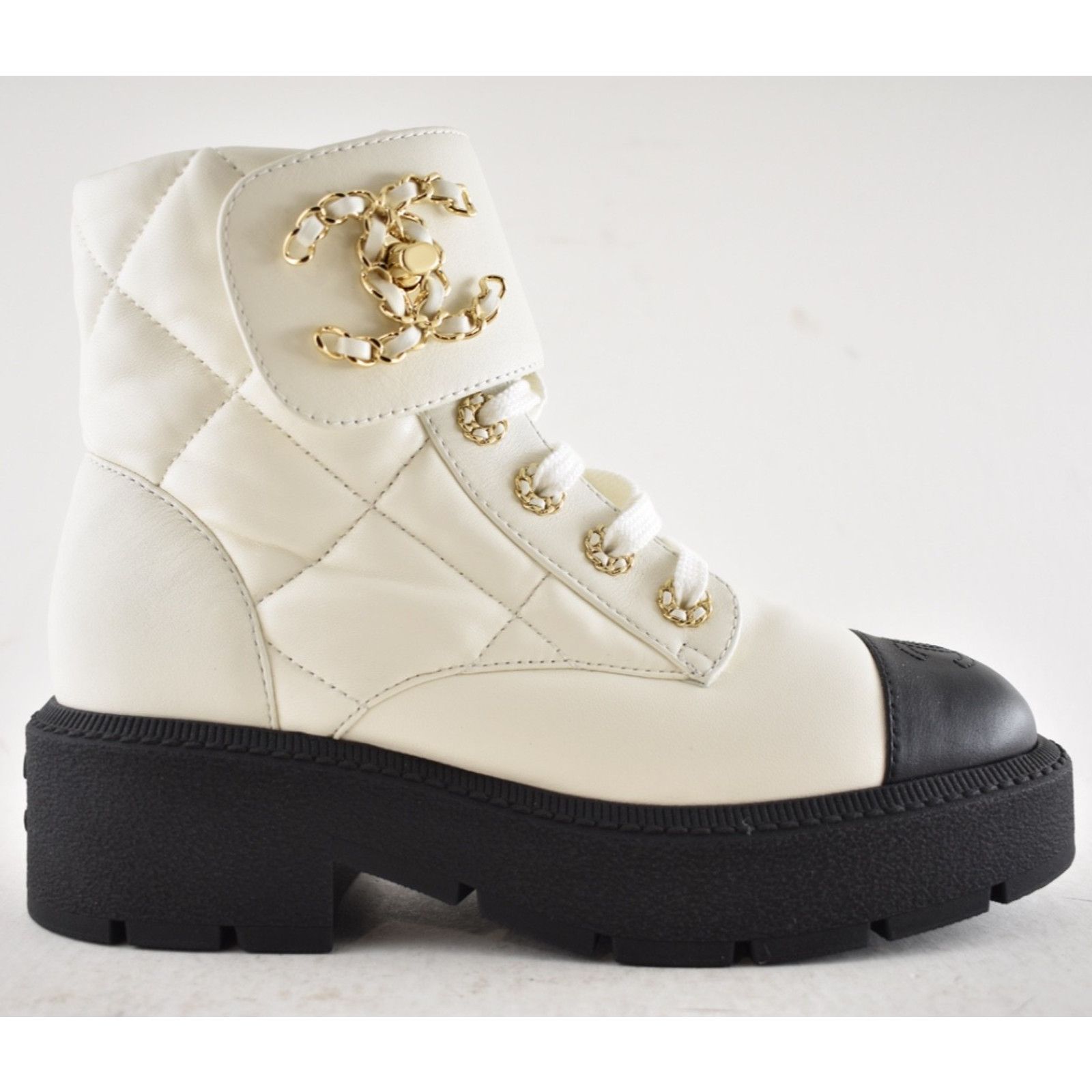 Chanel Chanel 24B White Quilt Gold CC Chain Combat Boots 37c Size US 6 / IT 36 - 1 Thumbnail