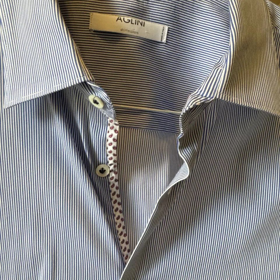 AGLINI Aglini fine 100% cotton shirt. Light blue pinstripe size 42 Size US M / EU 48-50 / 2 - 2 Thumbnail