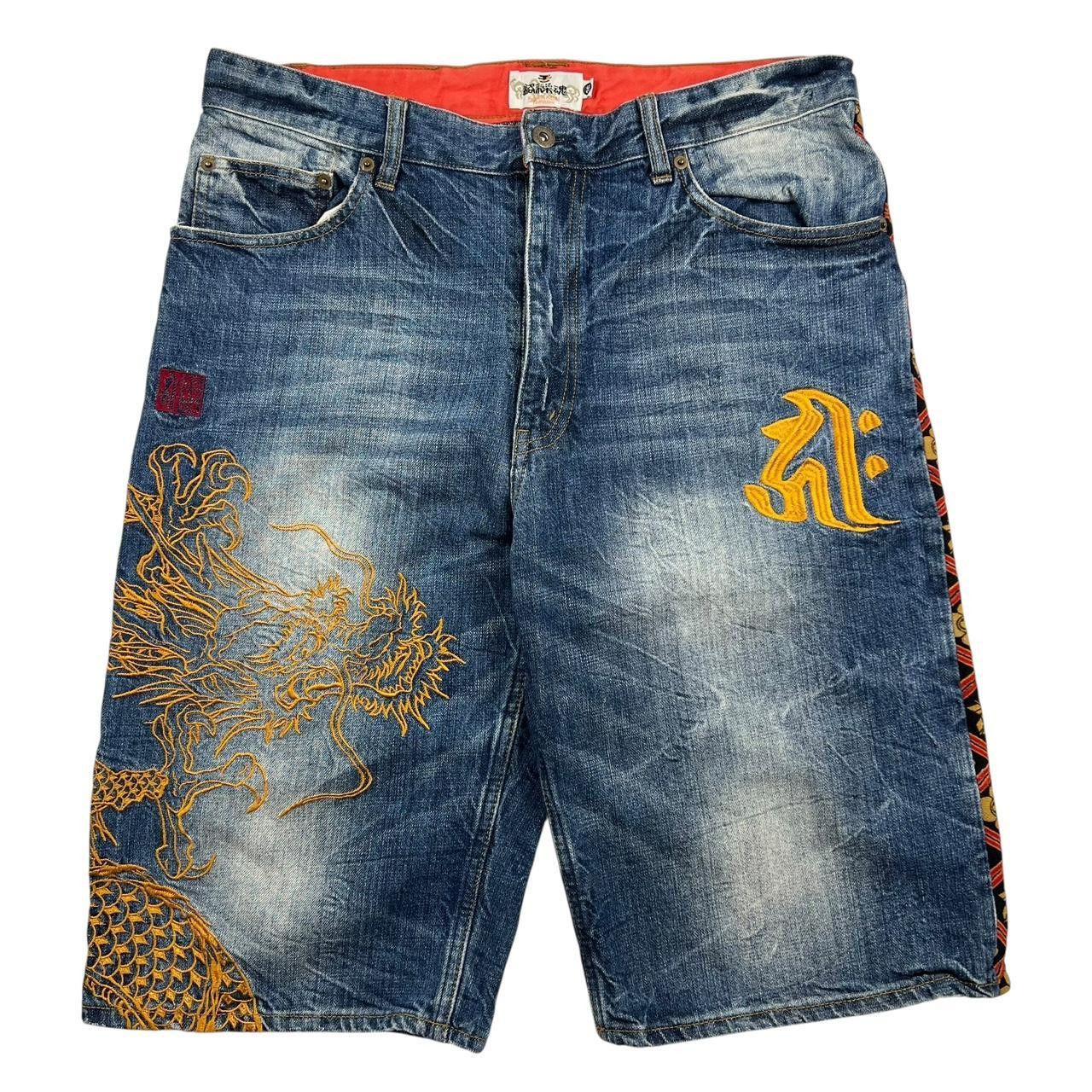 Karakuri Tamashii Karakuri Tamashii Embroidered Dragon Denim Shorts - Waist 35 Size US 35 - 1 Thumbnail