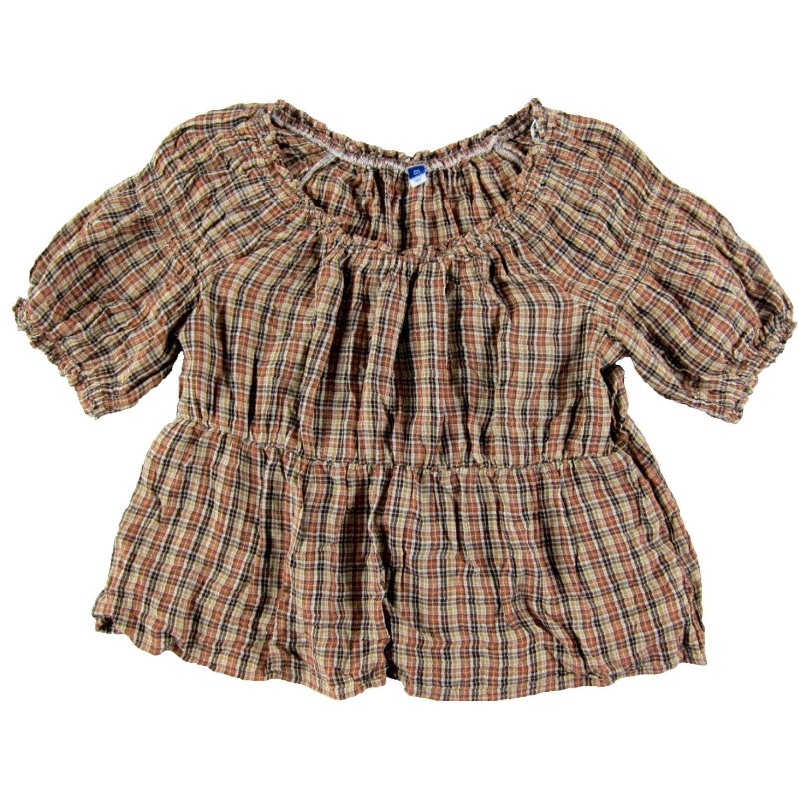 Old Navy Old Navy Blouse 2XL Tall Shirt Womens Tunic Off Shoulder Plaid 100% Cotton Brown Peasant 90s? Size XXL / US 16-18 / IT 52-54 - 2 Thumbnail
