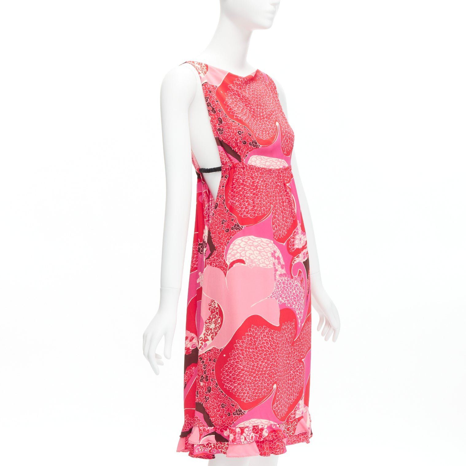 GUCCI TOM FORD Vintage Runway red pink floral print silk side cutout leather strap dress IT42 M