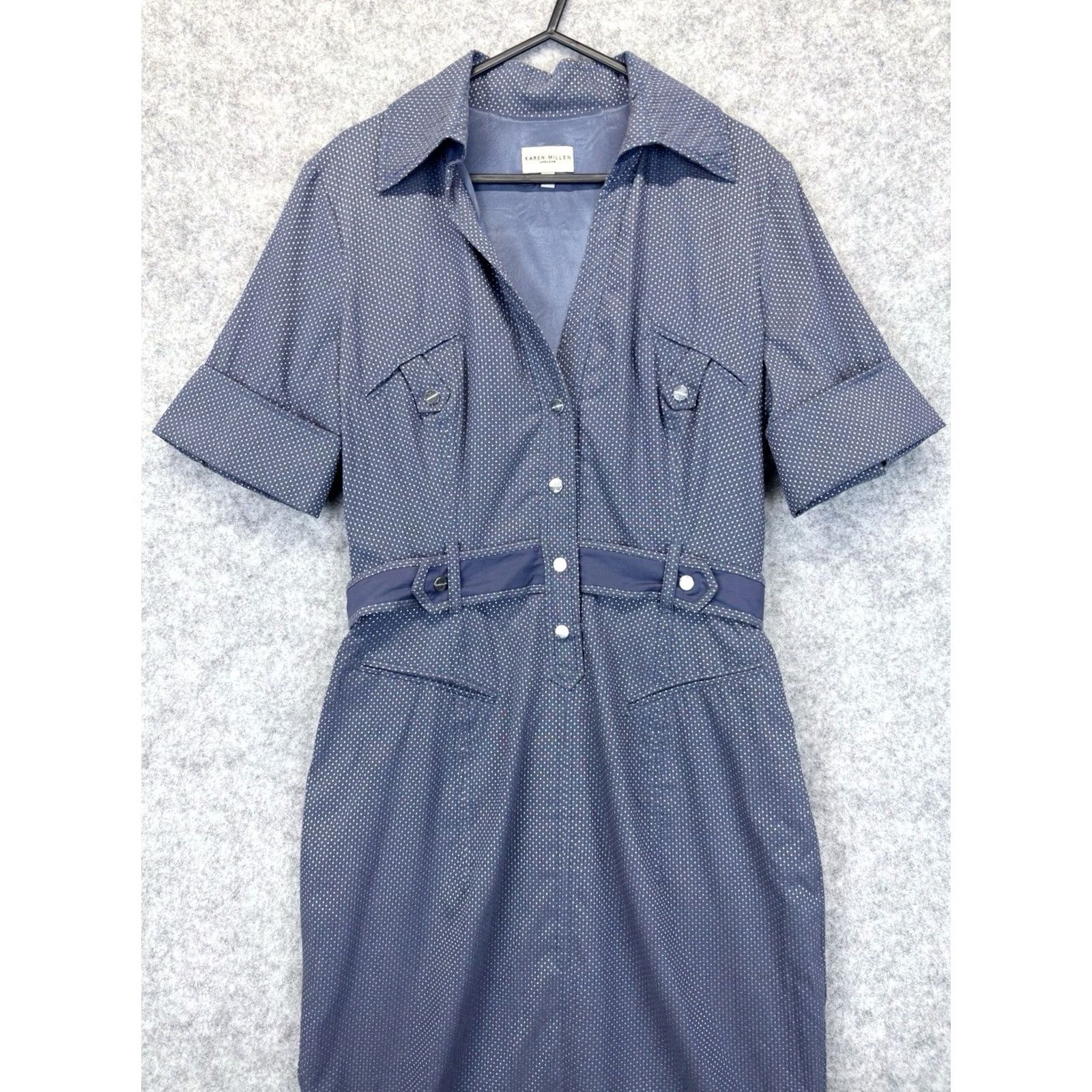 Karen Millen Karen Millen Blue Silver Polka Spot Belt Military Shirt Dress UK12 Midi Buttoned Silver Snap Size XL / US 12-14 / IT 48-50 - 3 Thumbnail