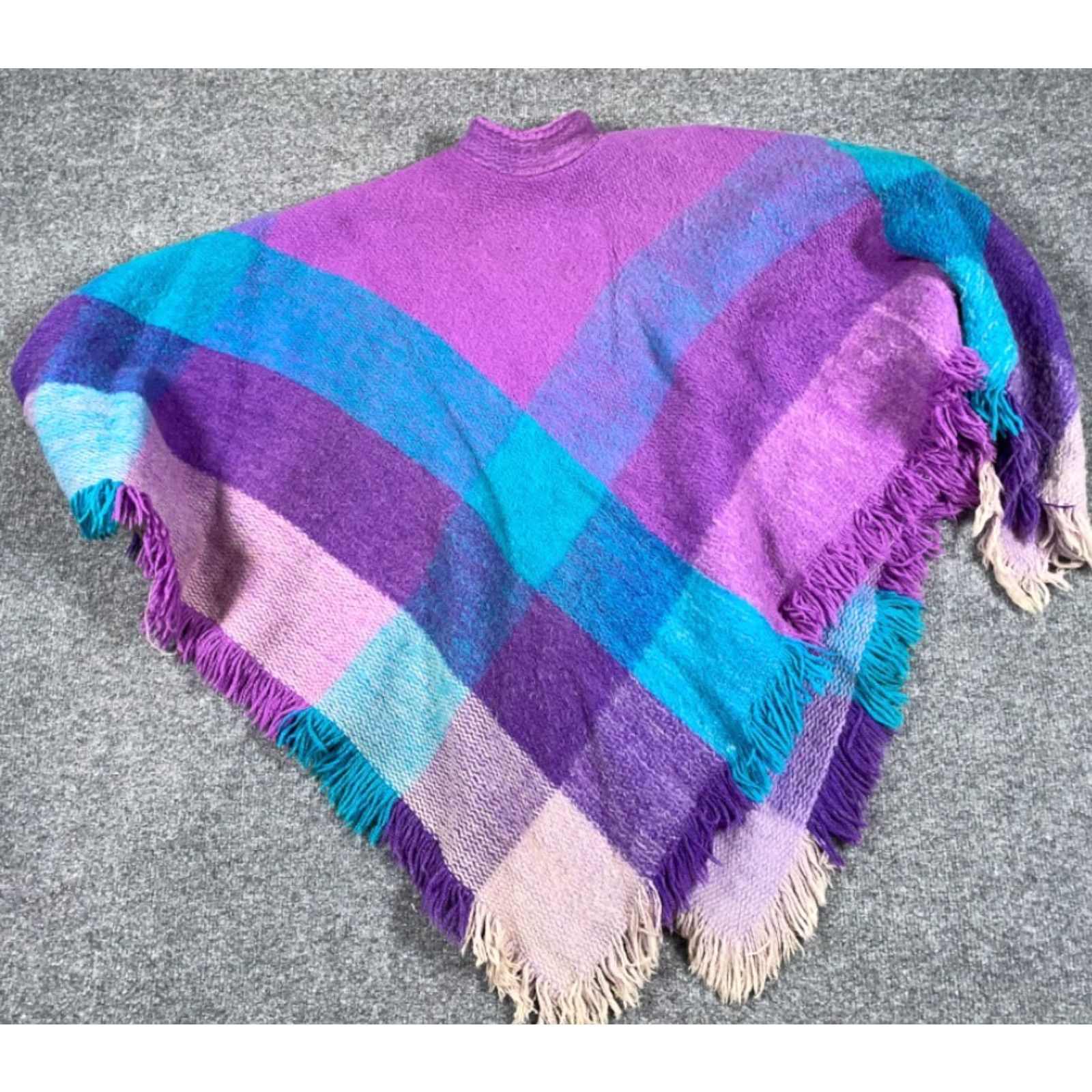 Altea VINTAGE Poncho Wool Purple Teal Plaid Fringe Mujer One Size Boho 80s 90s Hipster Retro Women Size ONE SIZE - 2 Thumbnail