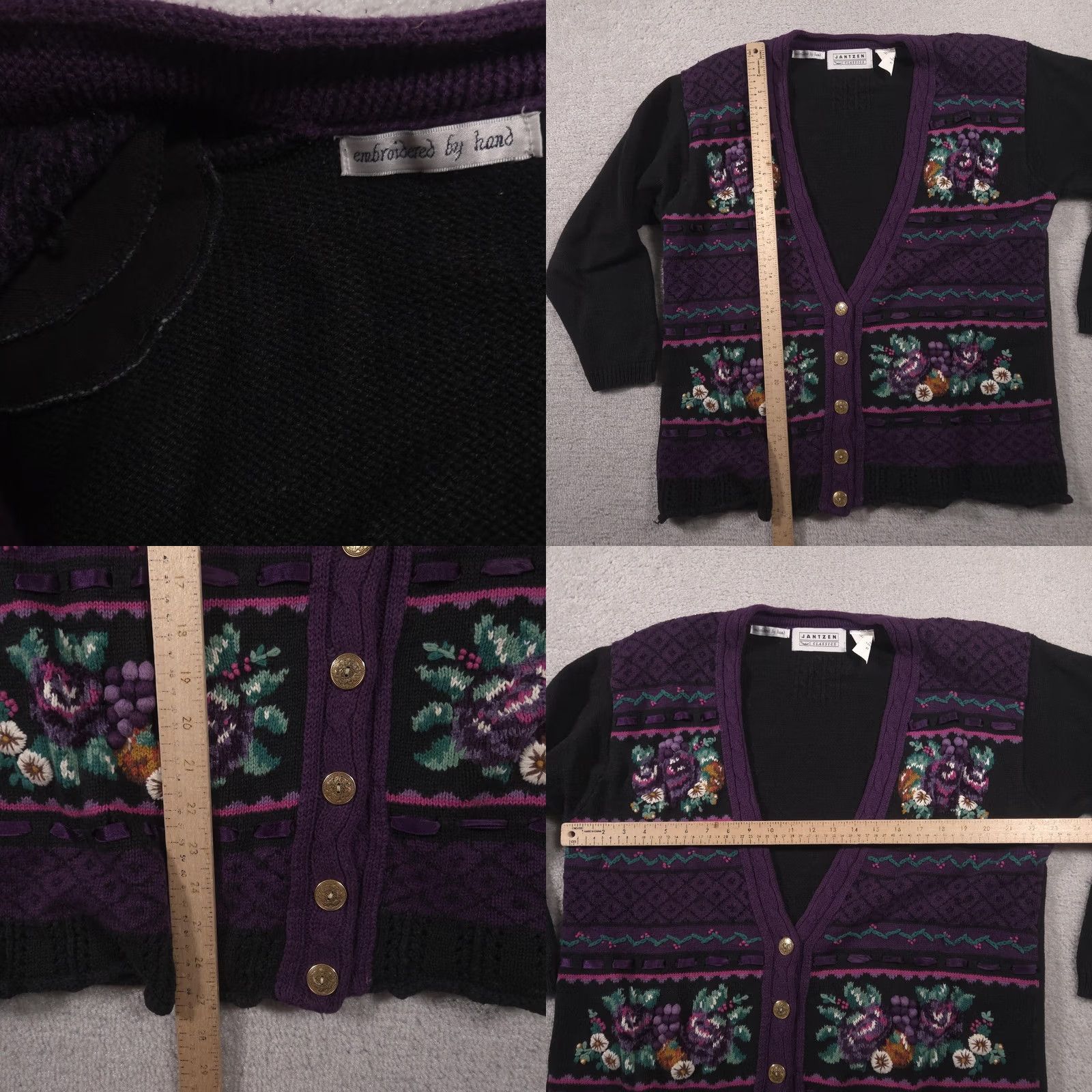 Jantzen VINTAGE Jantzen Cardigan Sweater Womens Large Black Purple Embroidered 90s Size L / US 10 / IT 46 - 8 Thumbnail