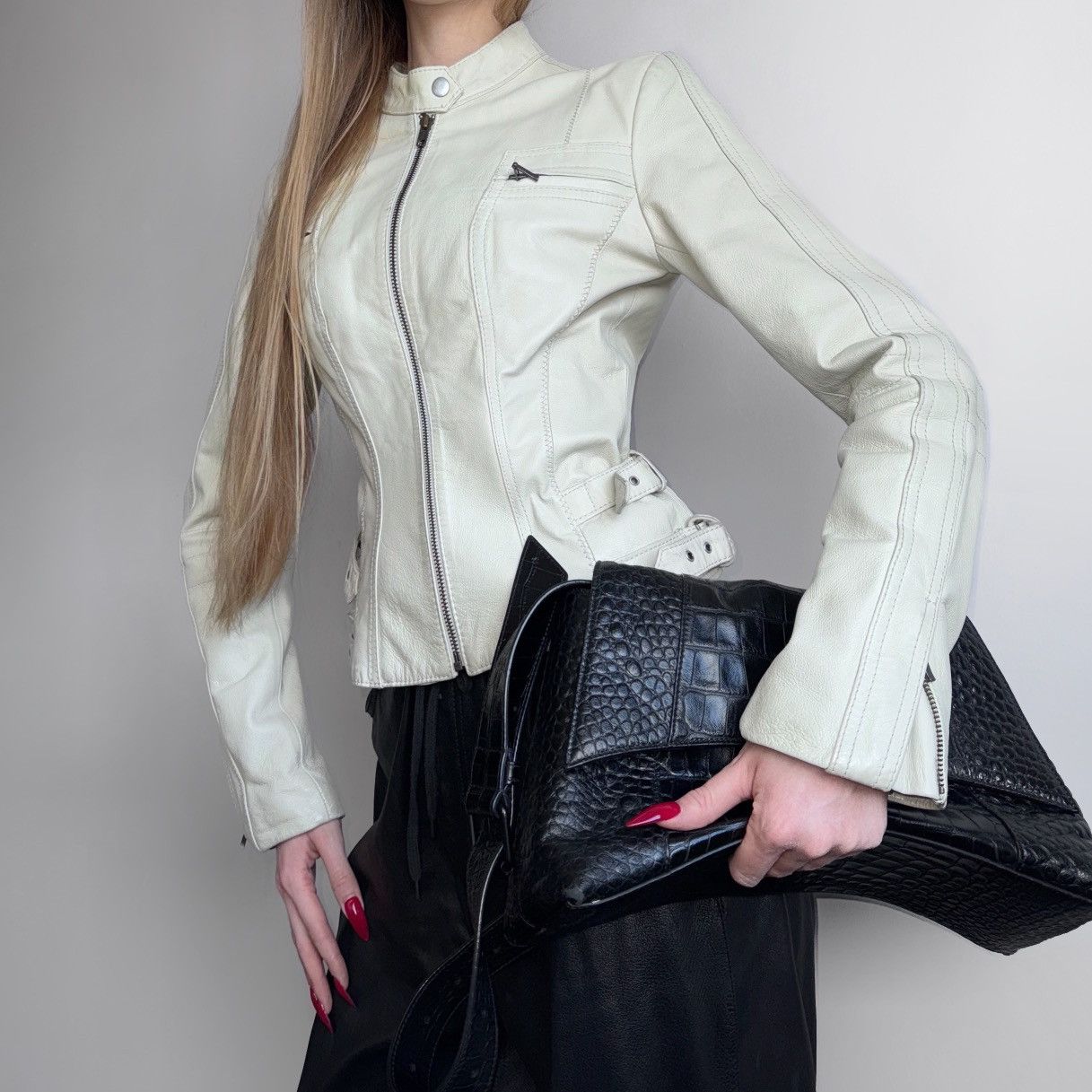 image of Vintage Amazing Leather Avant-Garde Distressed Jacket in White, Women's (Size Small)