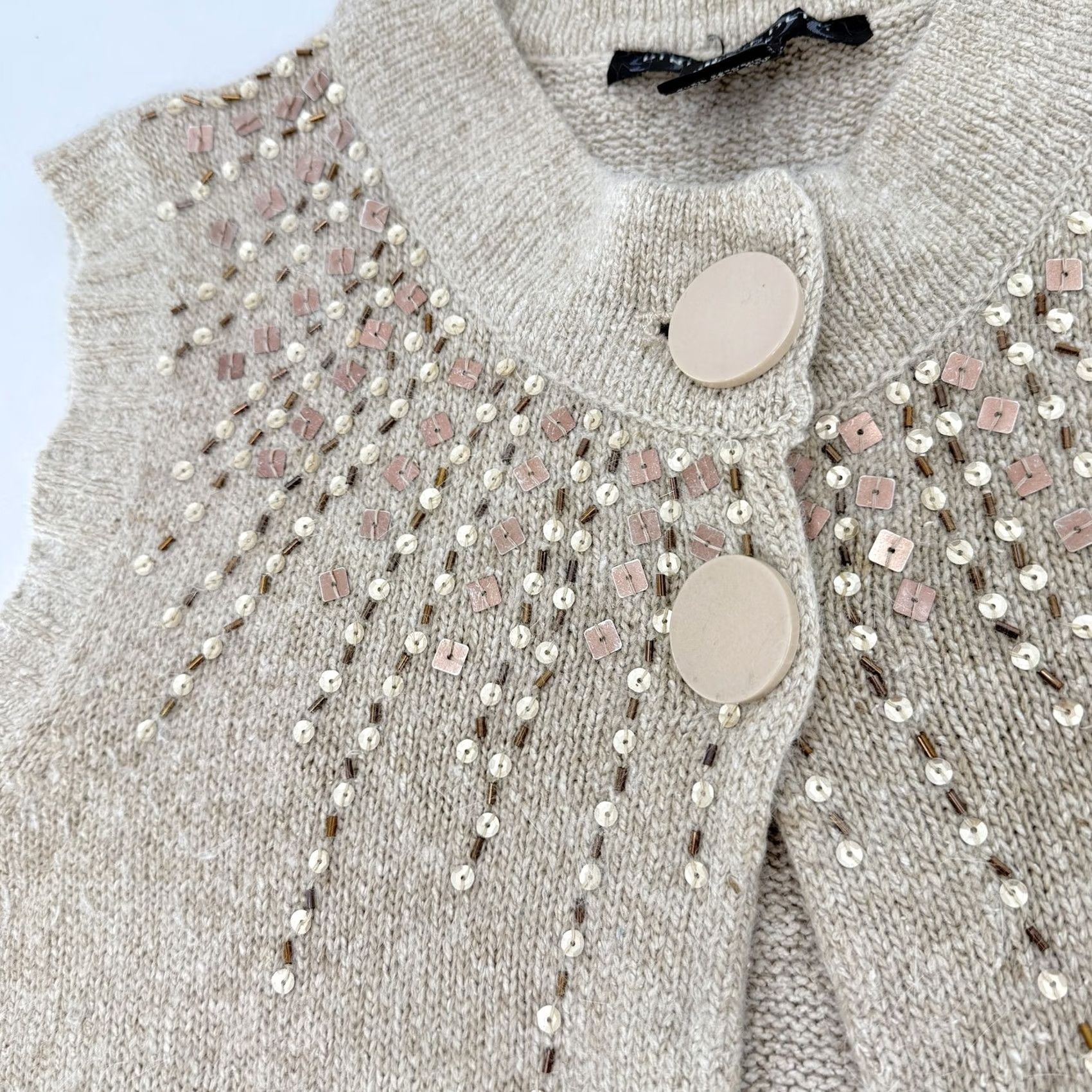 Vintage Pine Needles Beaded Sweater Vest - Womens Medium Beige Silk Knit Size M / US 6-8 / IT 42-44 - 5 Thumbnail
