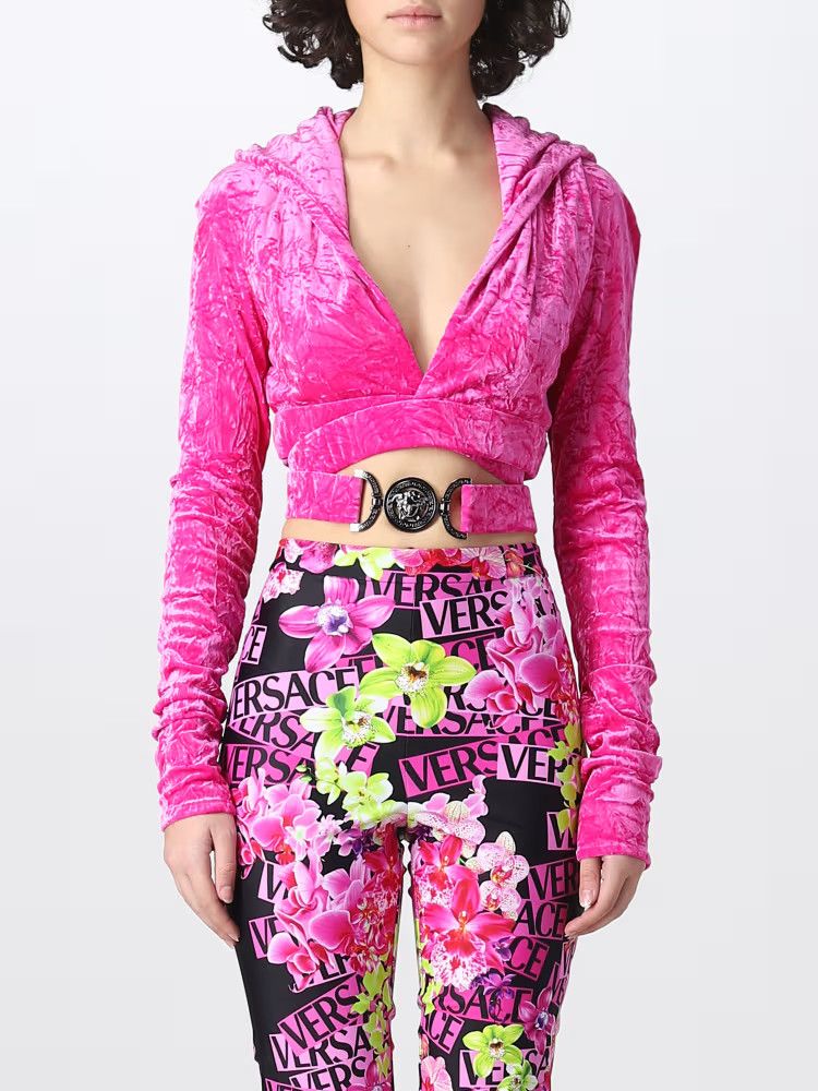 Versace o1y0226 Velvet Hooded Crop Top in Fuchsia Size XS / US 0-2 / IT 36-38 - 1 Thumbnail