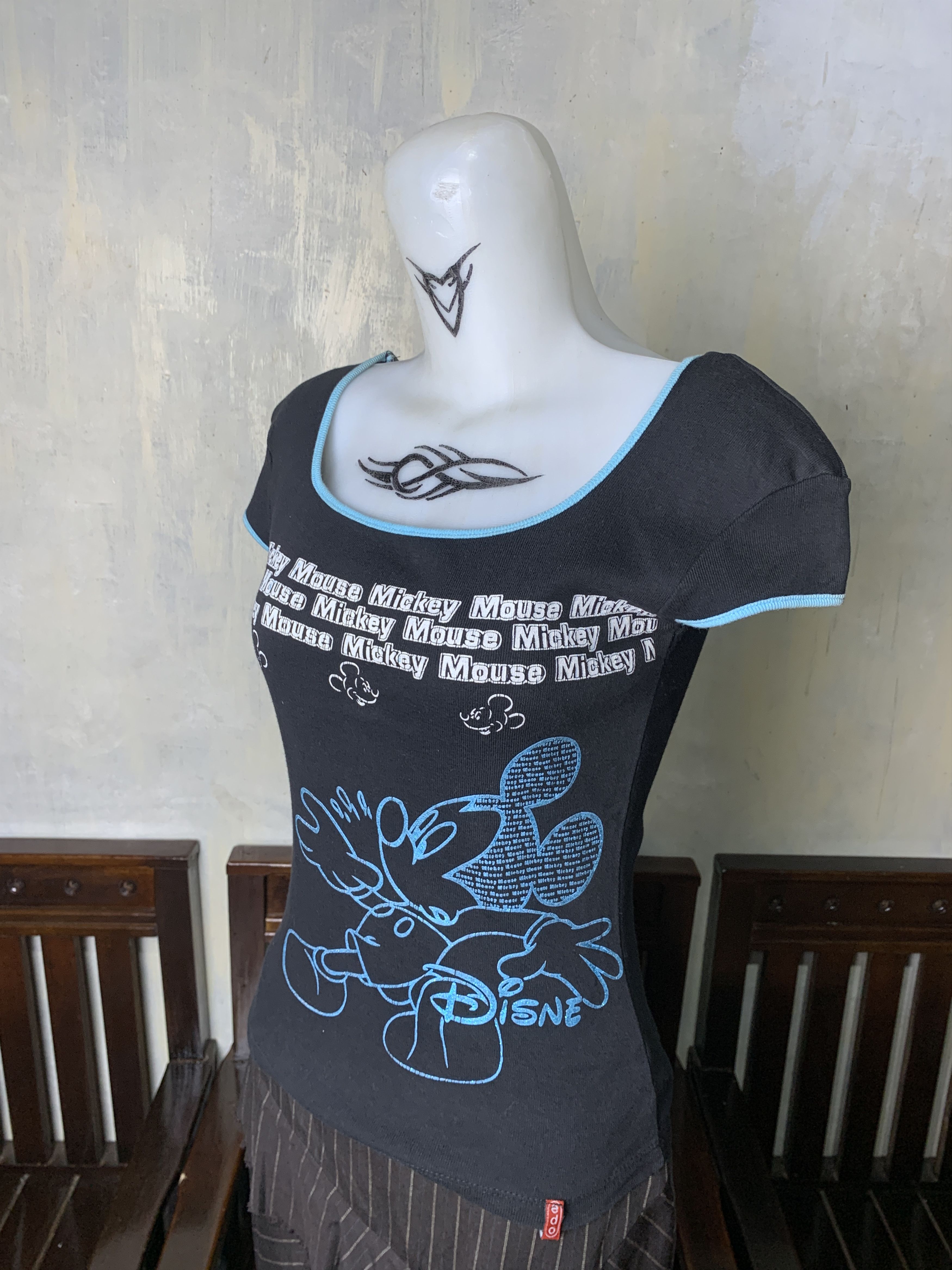 Disney 2000s Mickey Mouse Square Neck Ringer Fitted Tee (S) Size S / US 4 / IT 40 - 2 Thumbnail