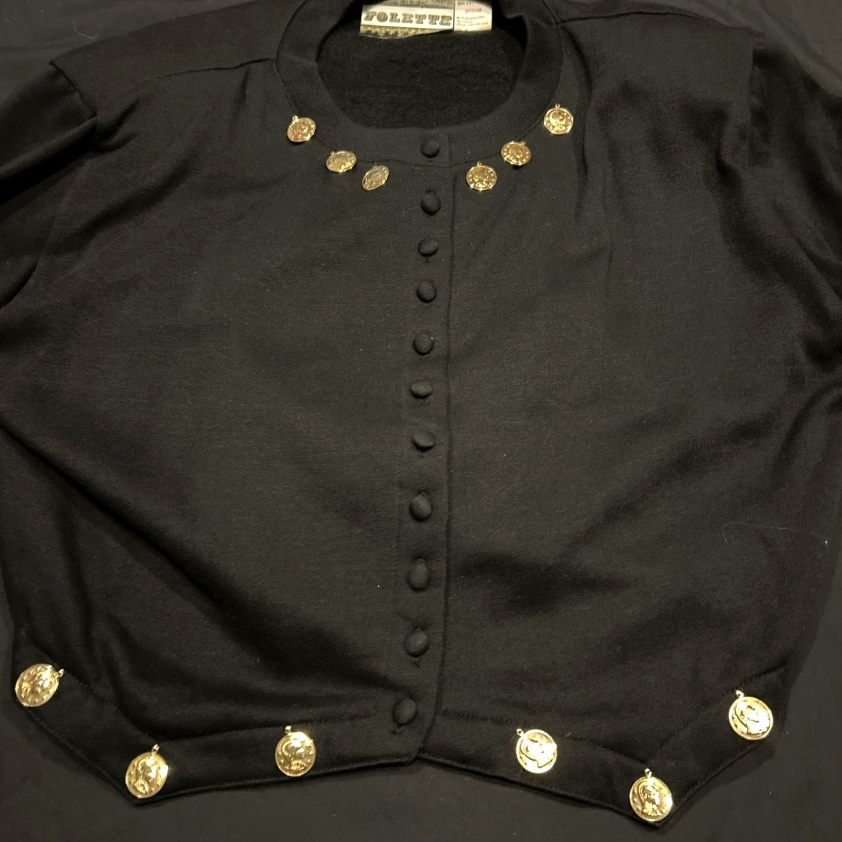 Vintage Folette Black & Gold Cropped Blazer Jacket Women M Round Neck Long Sleeve Polyester Button Blouse Size M / US 6-8 / IT 42-44 - 2 Thumbnail