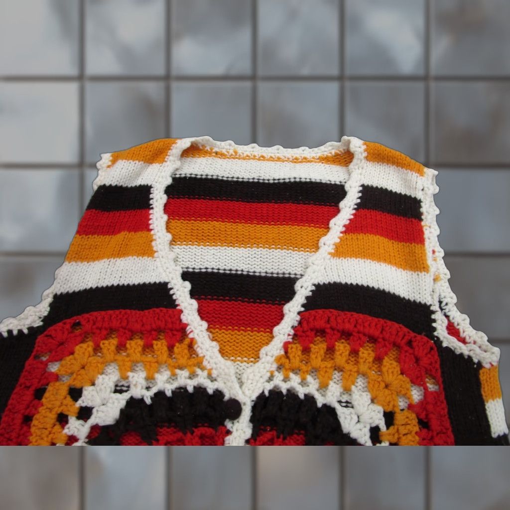 Vintage VINTAGE Granny Square Sweater Womens M Hand knit Crochet Boho 70s 80s Hippie Candy Corn Cardigan Knits Crochet Open-Knit V-Neck Sleeveless Orange Size M / US 6-8 / IT 42-44 - 1 Thumbnail