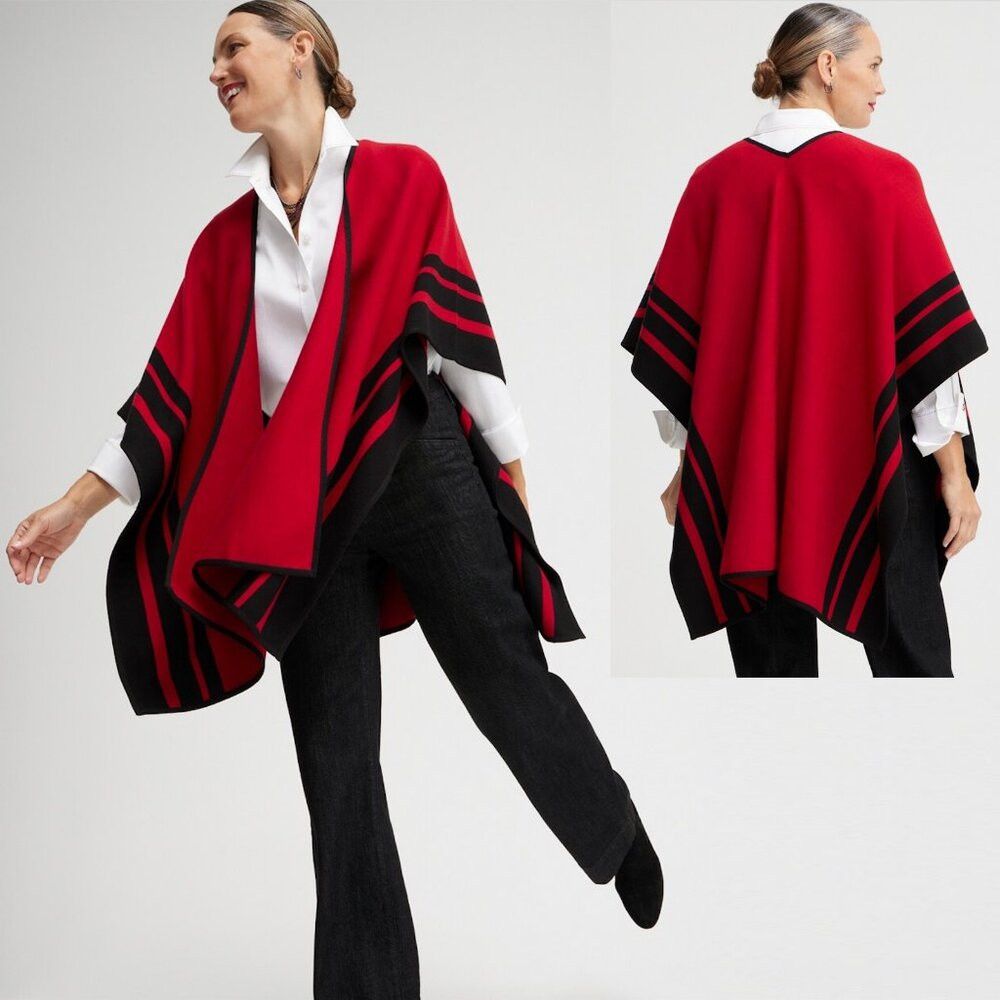 Chicos New Chico's Red Stripe Border Ruana Poncho Size S/M Size M / US 6-8 / IT 42-44 - 1 Thumbnail