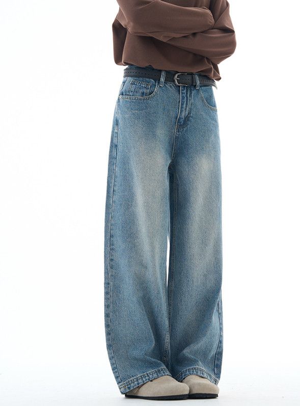Japanese Brand Men's washed retro loose wide-leg whiskered straight jeans Size US 32 / EU 48 - 4 Thumbnail