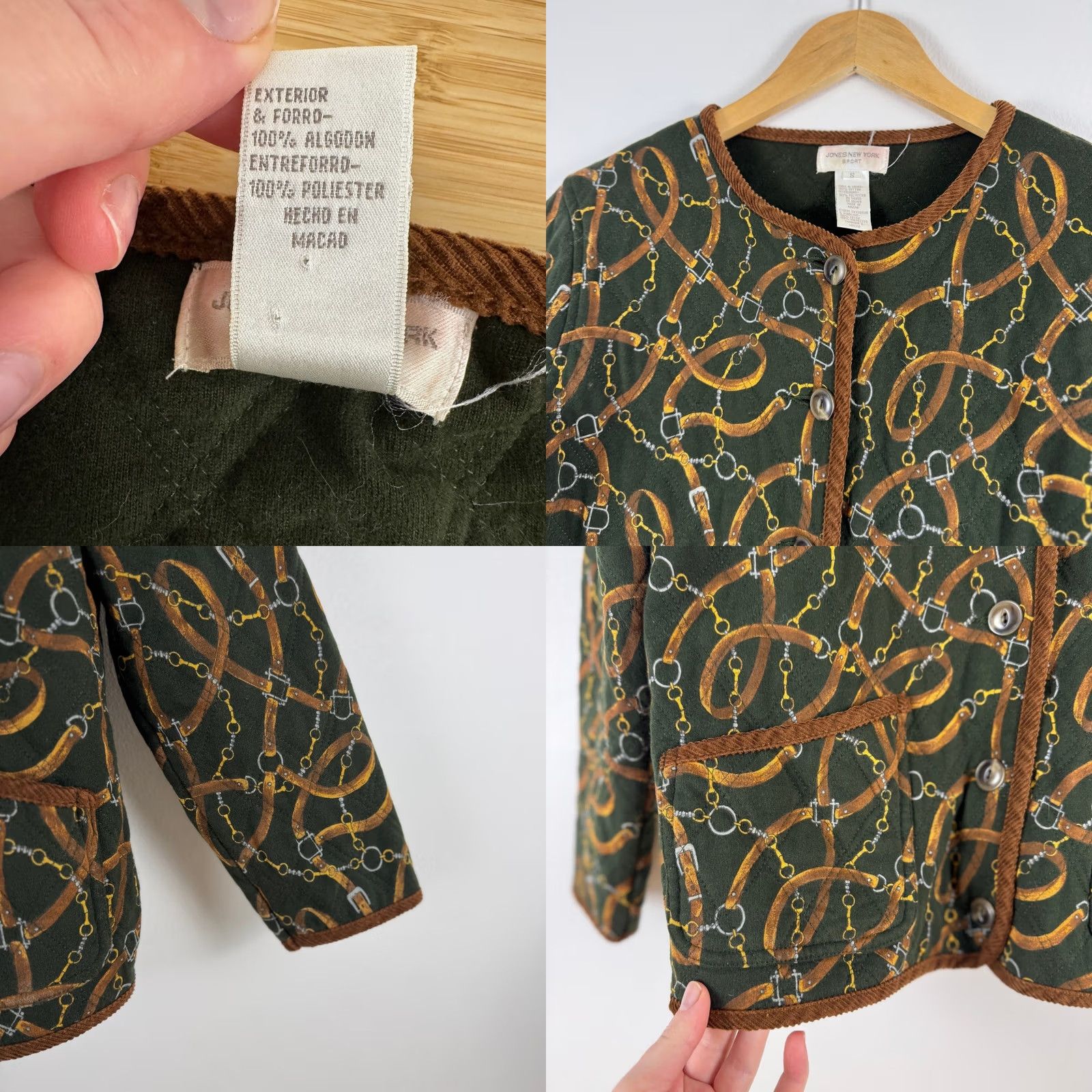 Jones New York VINTAGE Jones New York Sport Quilted Jacket S Equestrian Belt Print Green Brown Size S / US 4 / IT 40 - 8 Thumbnail