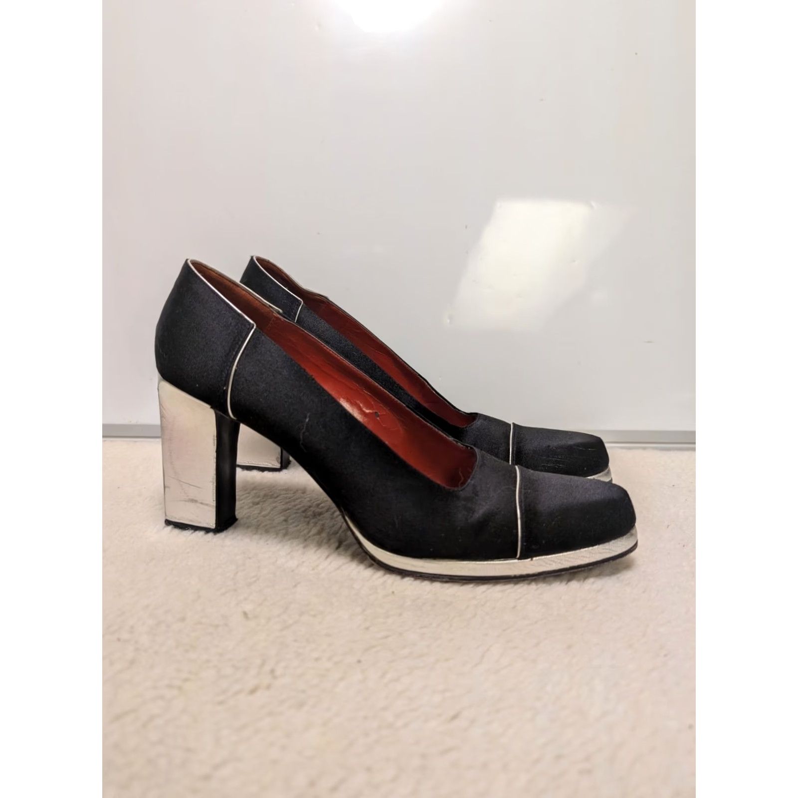 Yves Saint Laurent VINTAGE Yves Saint Laurent Pumps Black Satin Taffeta Silver Block Heel 7 Womens 1970s Size US 7 / IT 37 - 2 Thumbnail