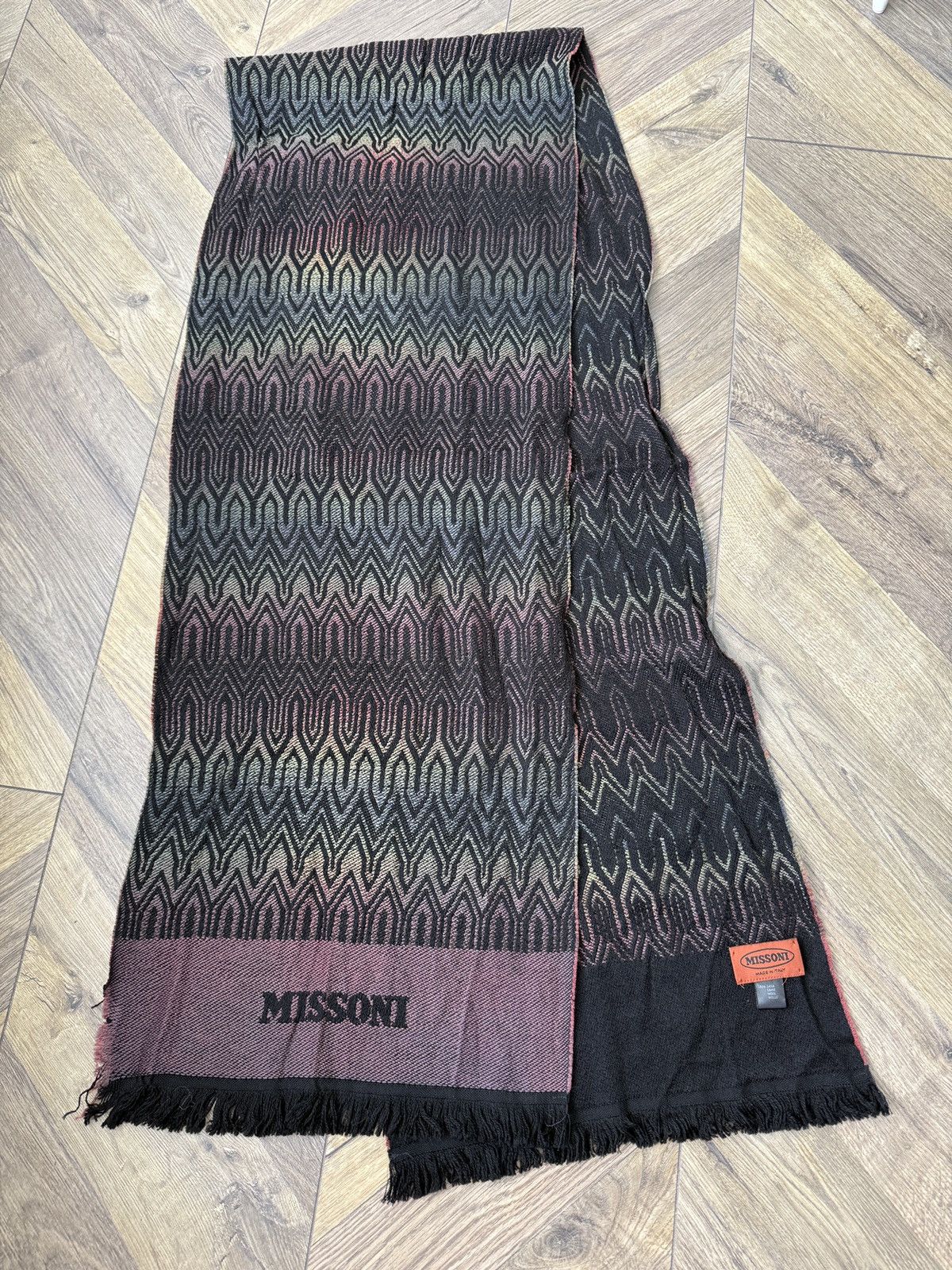 Vintage Missoni Wool Scarf Black Multicolor Geometric