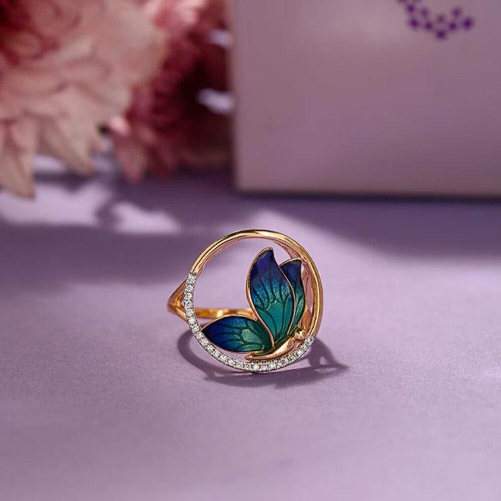 Designer Handmade Blue Epoxy Butterfly Gold Enamel Ring - Size 7 Size ONE SIZE - 1 Thumbnail