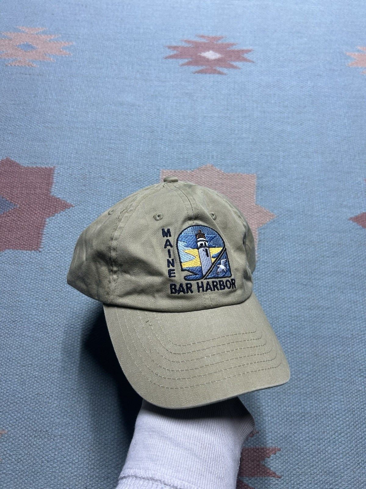 Vintage Vtg strap hat bar harbor Maine lighthouse embroidered tan Size ONE SIZE - 1 Thumbnail