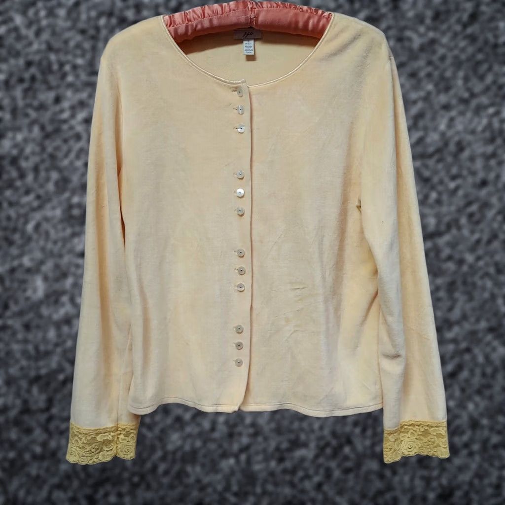 J. Jill J.Jill Womens Cardigan Velour Velvet Lace-Cuff Button Front Yellow Small Size S / US 4 / IT 40 - 1 Thumbnail