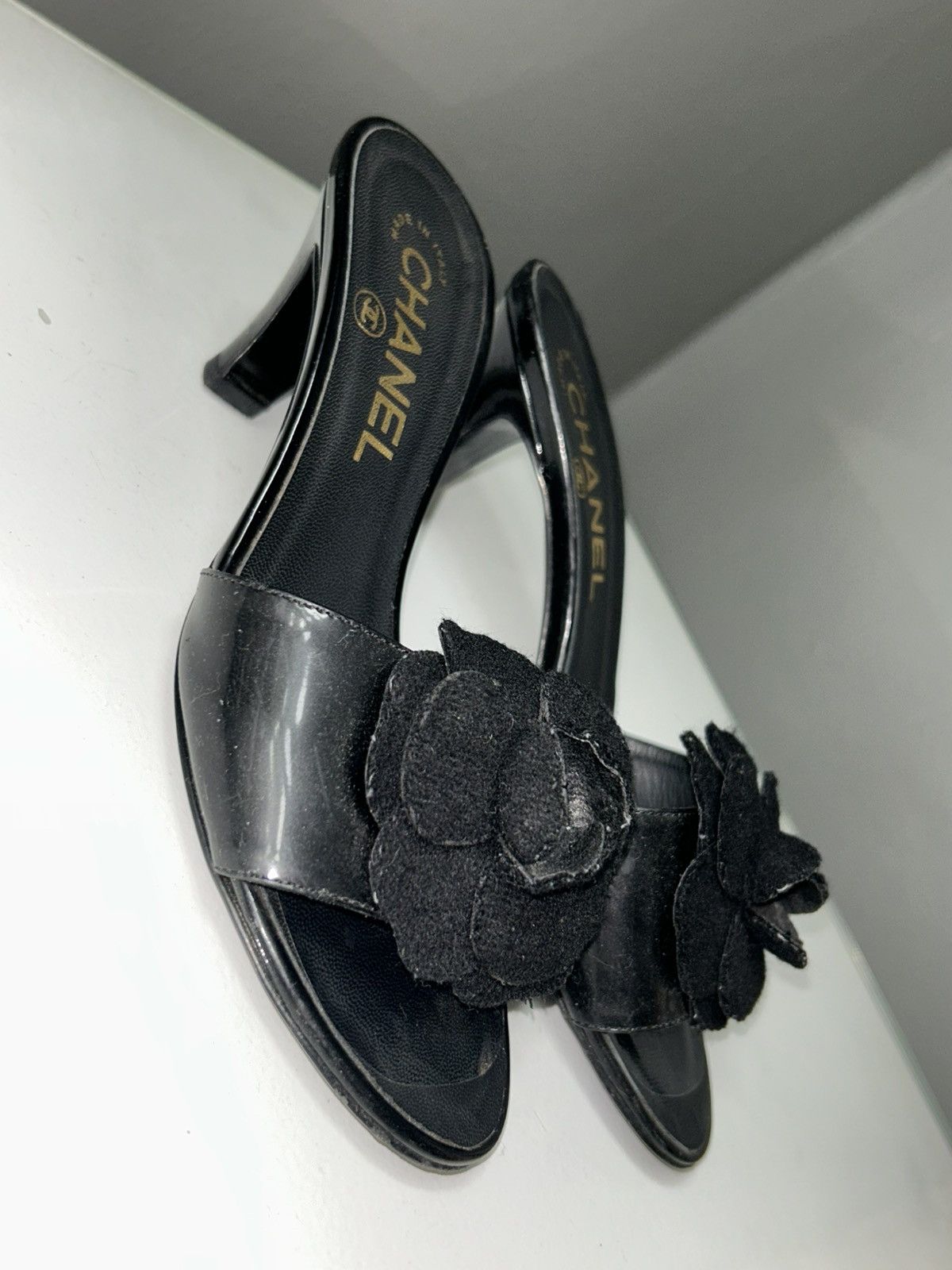 Chanel Black Camellia Embellished Peep Toe Heels size 34 1/2