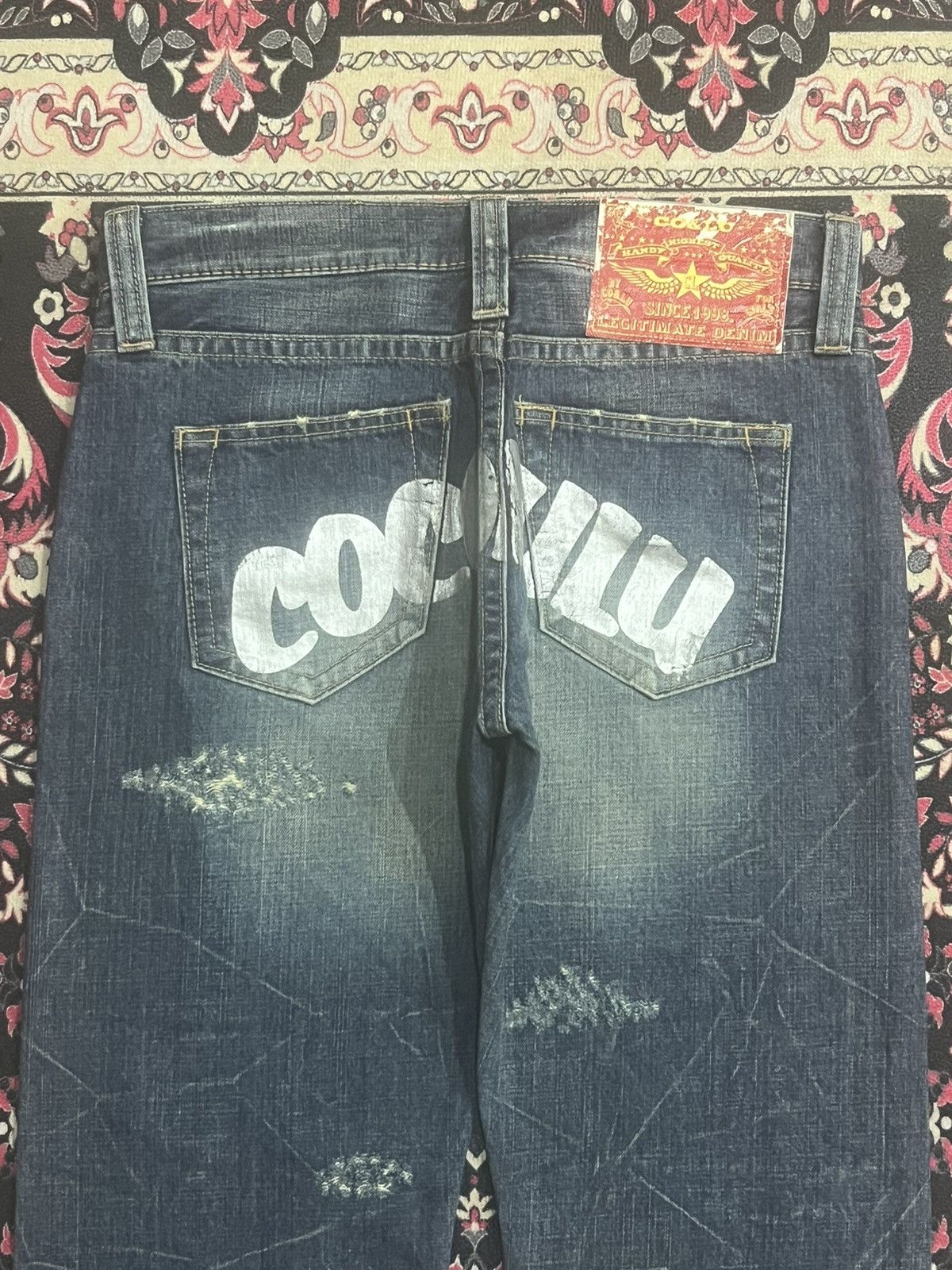 GOSTAR DE FUGA Co&Lu Cracked Distressed Big Slogan Dark Blue Loose Jeans Size US 31 - 7 Thumbnail