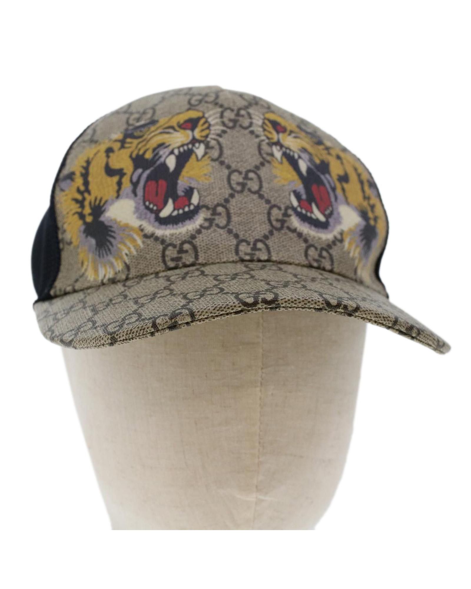 image of Gucci Canvas Tiger Cap With Leather Accents in Beige, Women's