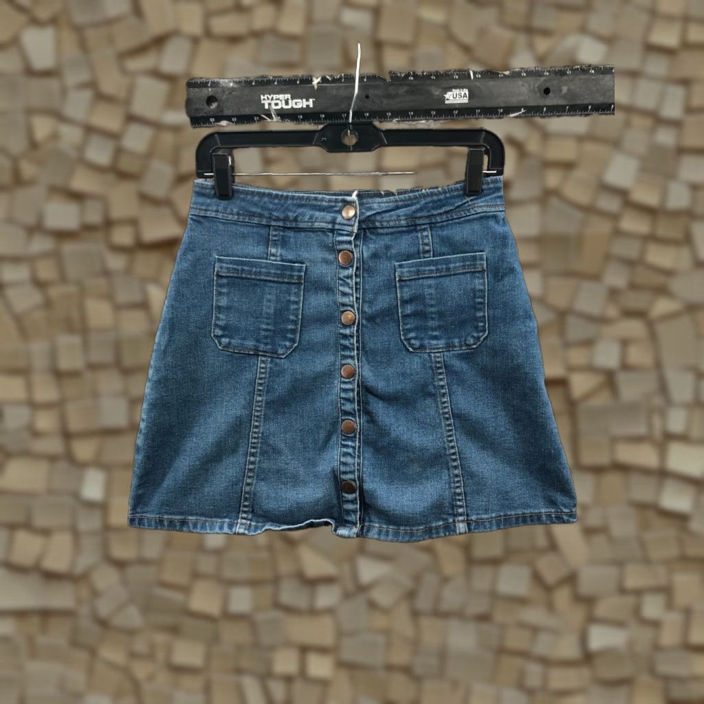 Vintage Alya A-Line Skirt Womens Size S Midi Front Button Blue Denim Slit Logo Solid Midi Length Casual Party/Cocktail City Womens Size 28" / US 6 / IT 42 - 1 Thumbnail
