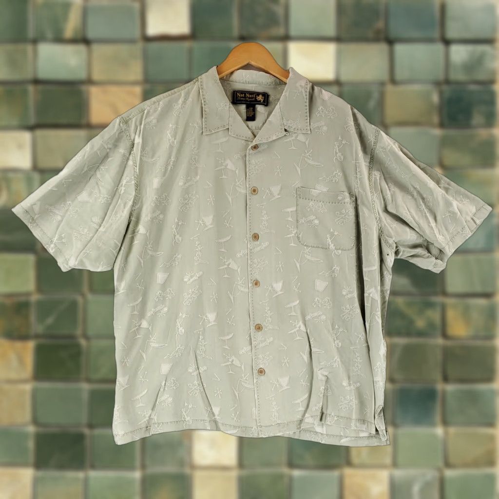 Nat Nast Nat Nast Shirt Button-Up 100% Silk Cocktails MCM Green Short Sleeve Mens 2XB Big & Tall Green Silk Short Sleeve Button-Up Mens 2XB Size US XXL / EU 58 / 5 - 1 Thumbnail