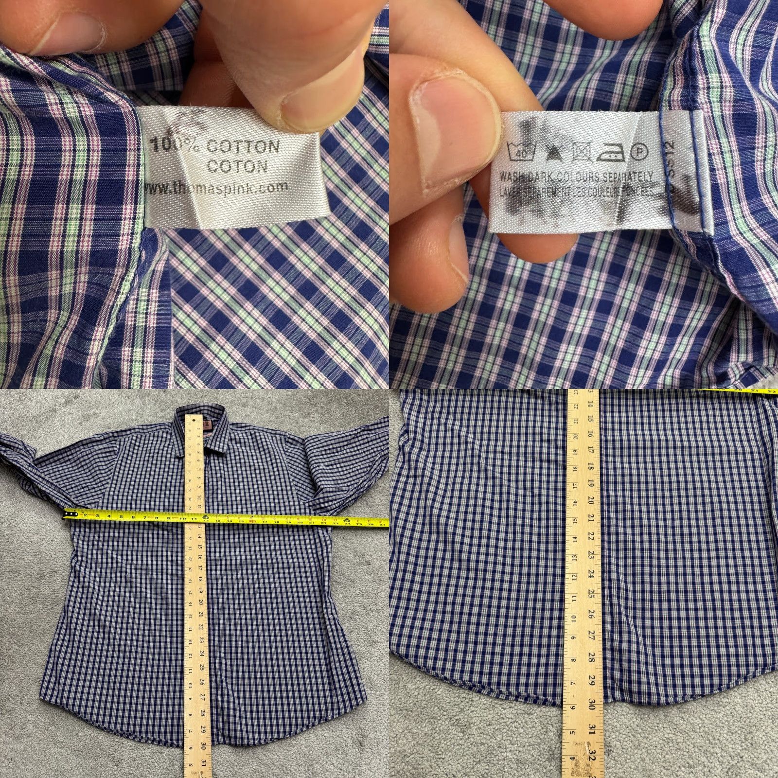 Pinko VINTAGE Thomas Pink Mens Dress Shirt Button-Up Slim Fit Long Sleeve Collared Cotton Plaid Blue Purple Green 44cm Size 44R - 8 Thumbnail