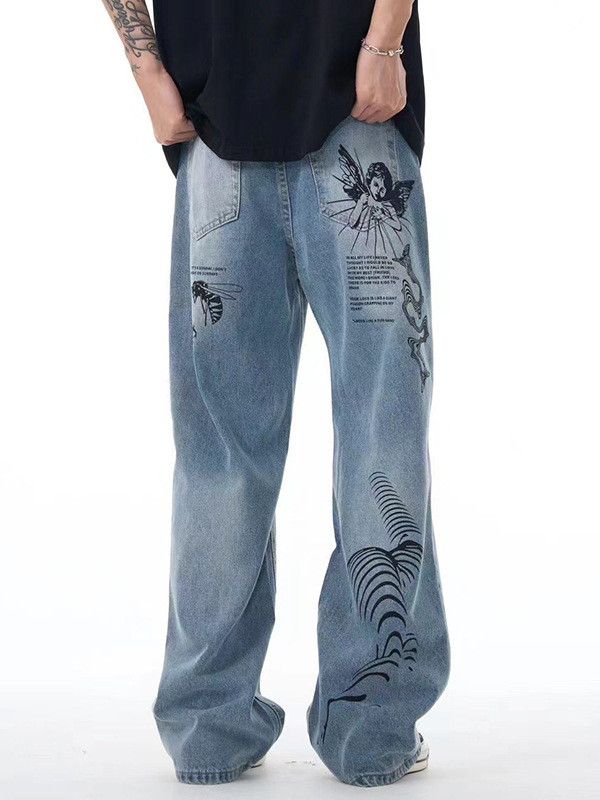 Japanese Brand Street fashion printed graffiti men's ripped jeans Size US 32 / EU 48 - 4 Thumbnail