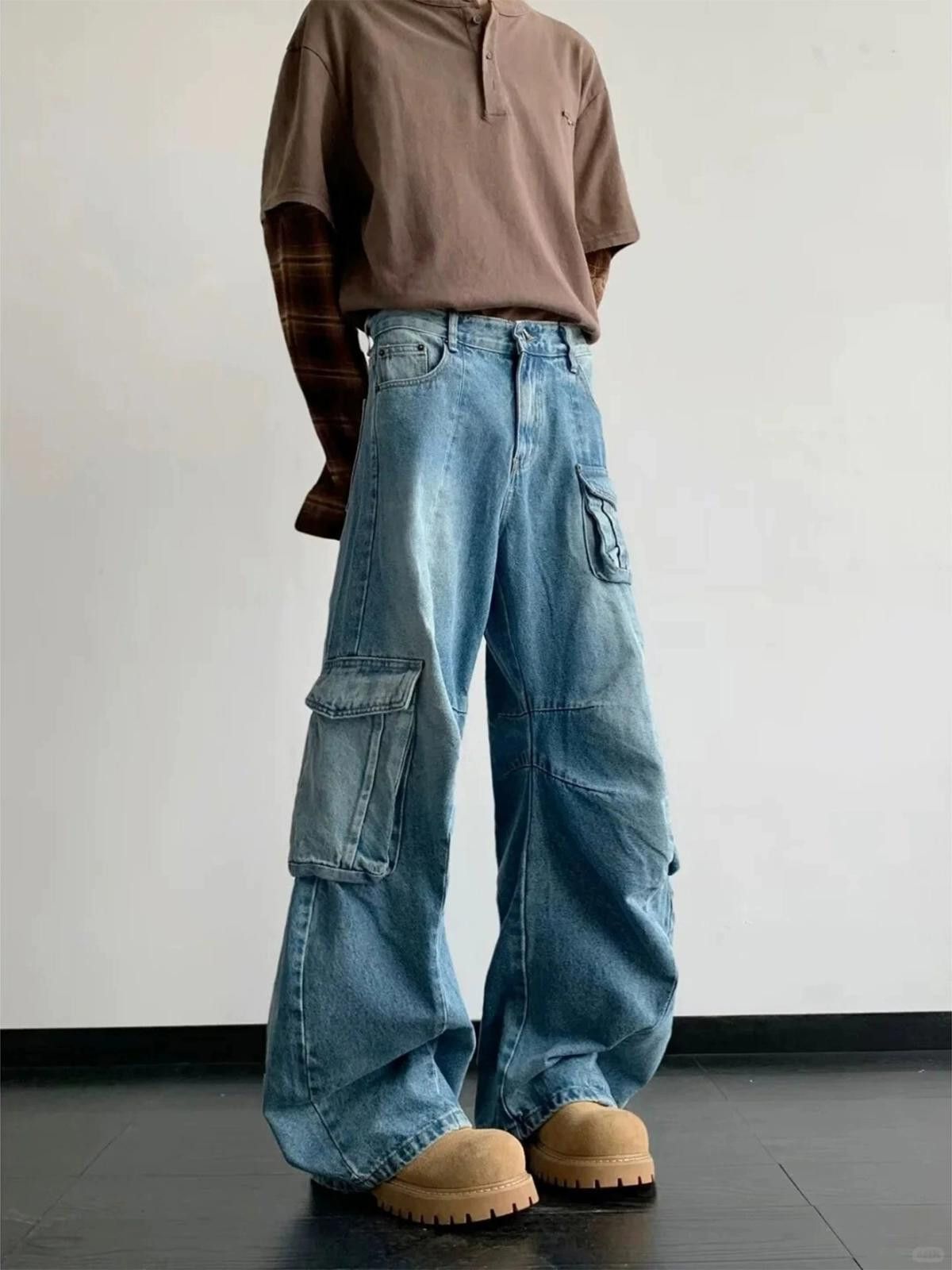 Japanese Brand Light Blue Baggy Cargo Jeans, Wide Leg Denim Pants Size US 32 / EU 48 - 2 Thumbnail
