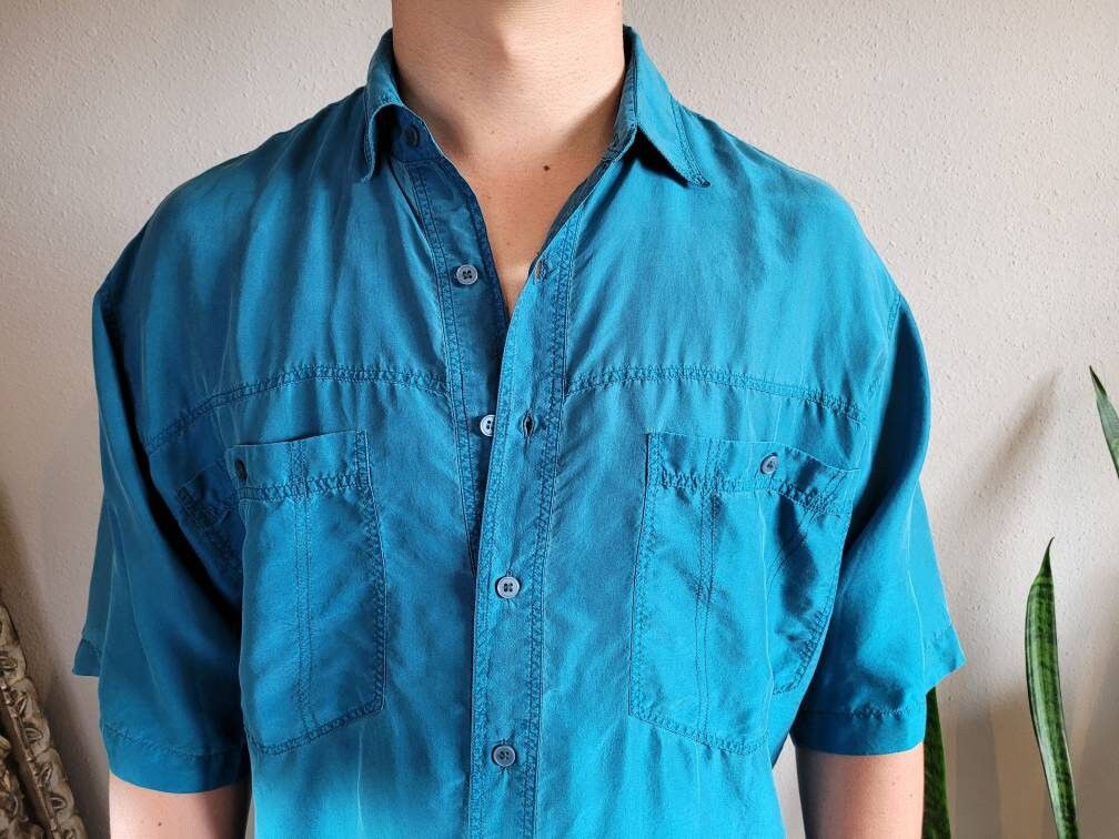 Vintage Vintage 80s/90s Relaxed Teal Silk Short Sleeve Button-up Size US L / EU 52-54 / 3 - 7 Thumbnail