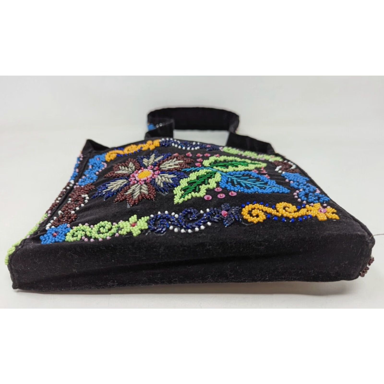 Velvet VTG Black Velvet Floral Beaded Embellished Bag Handbag Purse Women KP21 Antique Size ONE SIZE - 6 Thumbnail