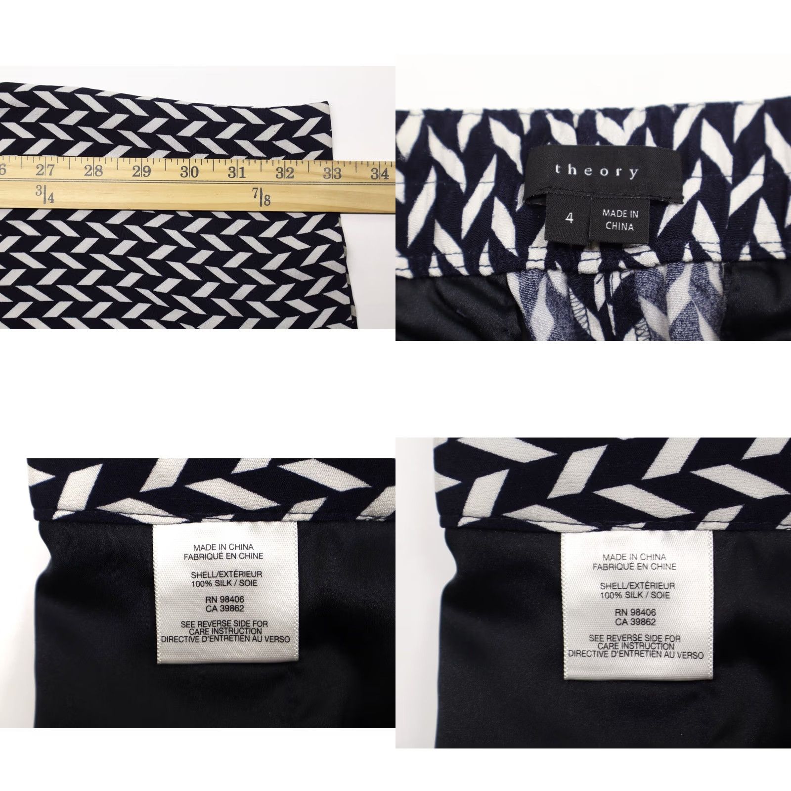 Theory Theory Women's Silk Pull-On Geometric Print Pants Navy Sz 4 Size 27" / US 4 / IT 40 - 8 Thumbnail