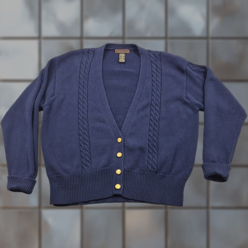 Vintage VINTAGE YarnWorks Cardigan Sweater Blue XL Button Up Cable Knit V Neck Cotton Mens Size US XL / EU 56 / 4 - 1 Thumbnail