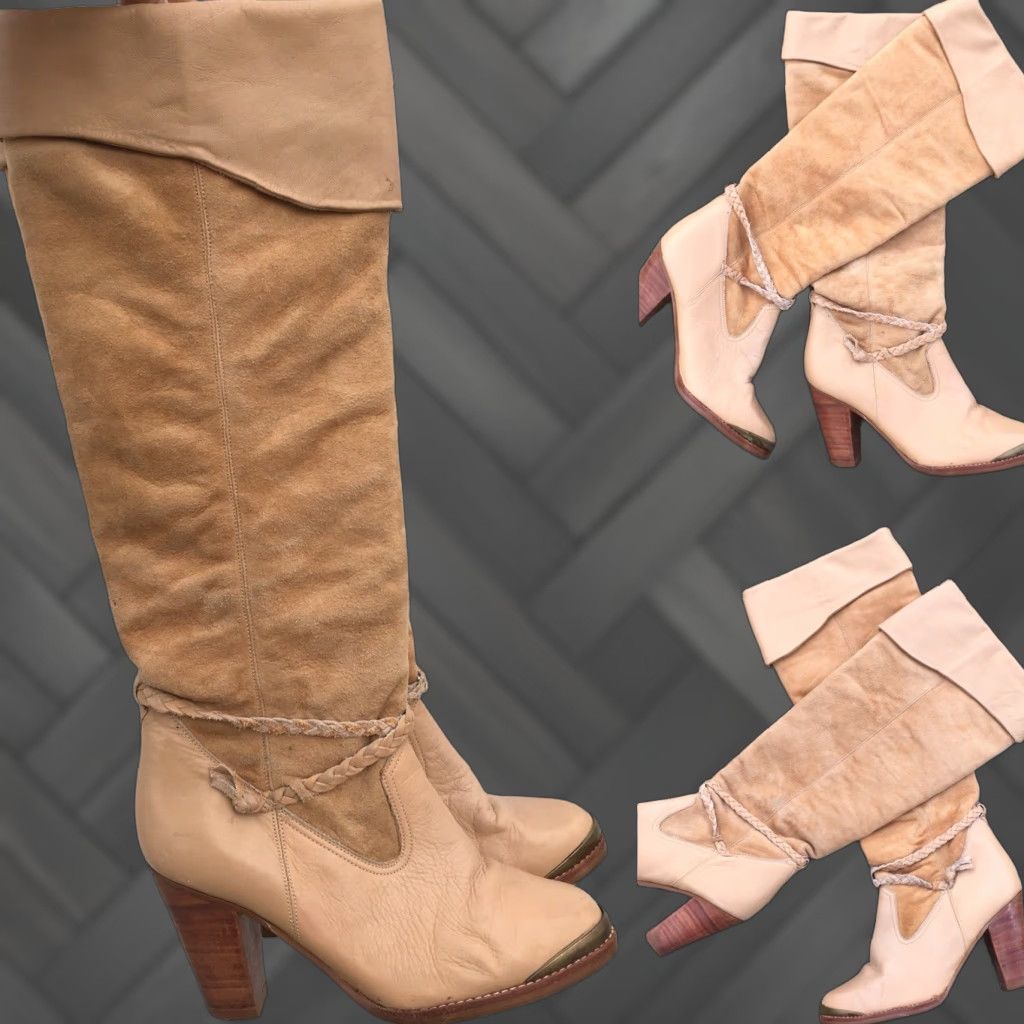 Vintage VINTAGE Cowboy Boots Leather Suede Western 5 1/2 B Beige 1970s 1980s Mens Womens Unbranded Shoes Medieval 70s 80s Western Look Size US 6 / IT 36 - 1 Thumbnail