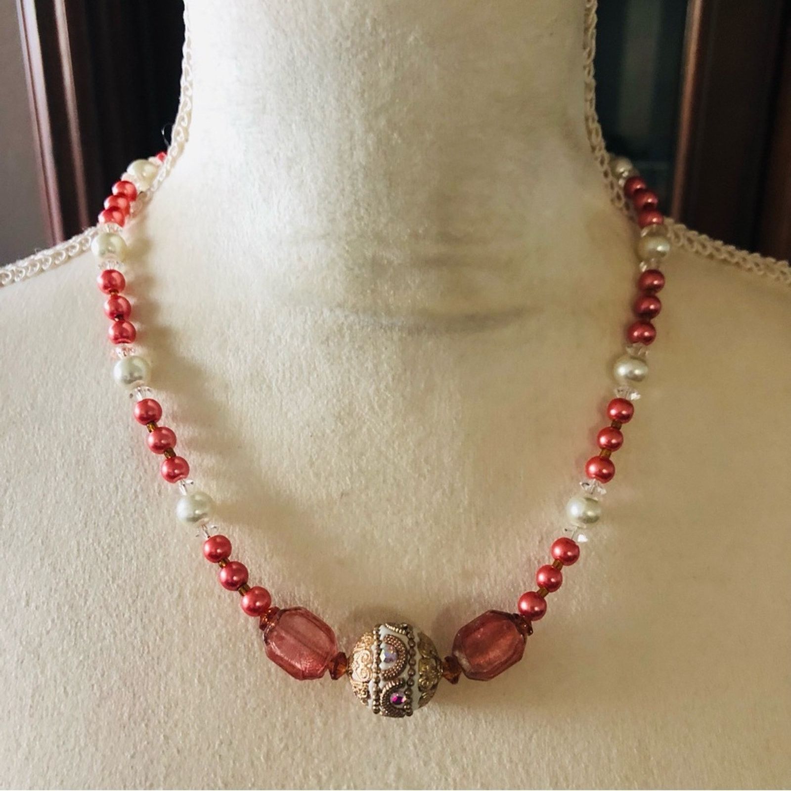 Handmade Handcrafted repurpose glass bead antique rose Pearl necklac Size ONE SIZE - 2 Thumbnail