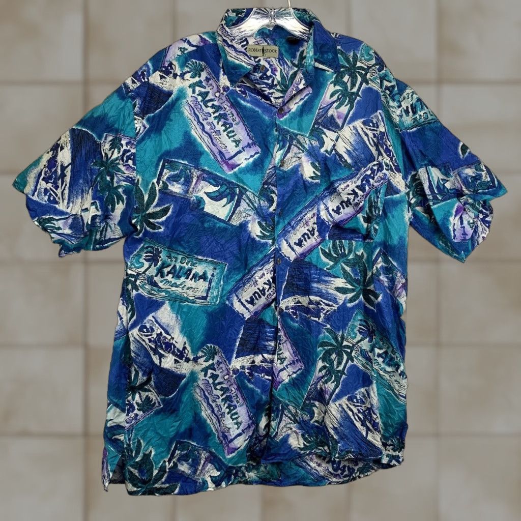 Vintage VINTAGE Robert Stock Silk Hawaiian Geometric Button-Up Shirt XL Blue 80s 90s Mens Size US XL / EU 56 / 4 - 1 Thumbnail
